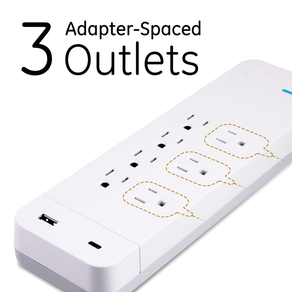 GE UltraPro 7 Outlet Surge Protector, USB-C Charging, 4 ft Designer Braided Extension Cord, 1440 Joules, Compatible w/iPhone 12/11/Pro/Max/Xs/XR/X/8, Samsung Galaxy, Google Pixel, White, 41355