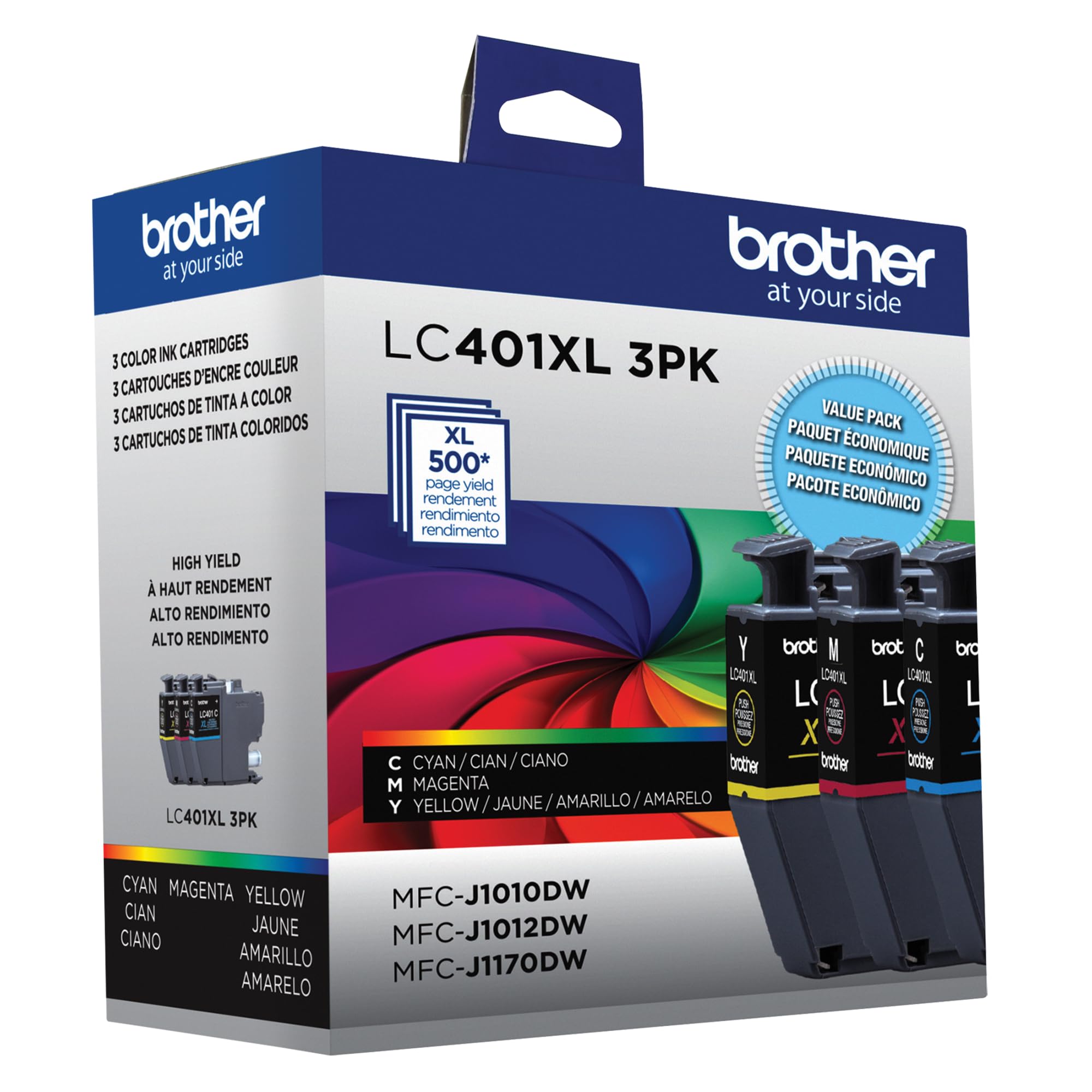 Brother Genuine LC401XL 3PK High Yield 3-Pack Color Ink Cartridges Includes 1- Cartridge Each of Cyan, Magenta and Yellow Ink.