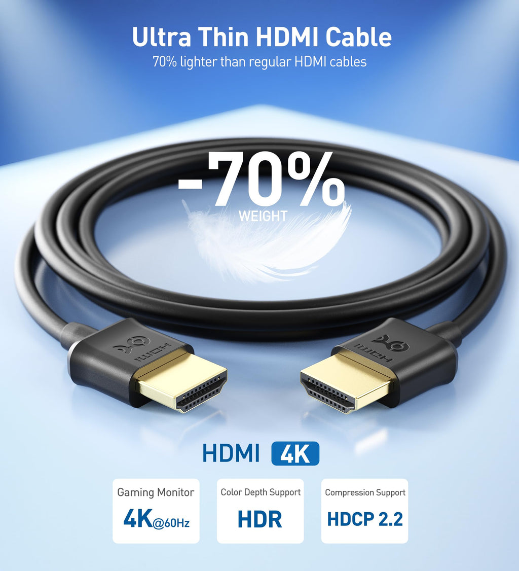 Cable Matters 2-Pack Ultra Thin HDMI Cable 10 ft, Support 4K@60Hz, Ultra Slim HDMI Cable 4K Rated with Ethernet, HDR Support for PS5, Xbox Series X/S, RTX4090/3090, RX 7900/7800, Apple TV, and More