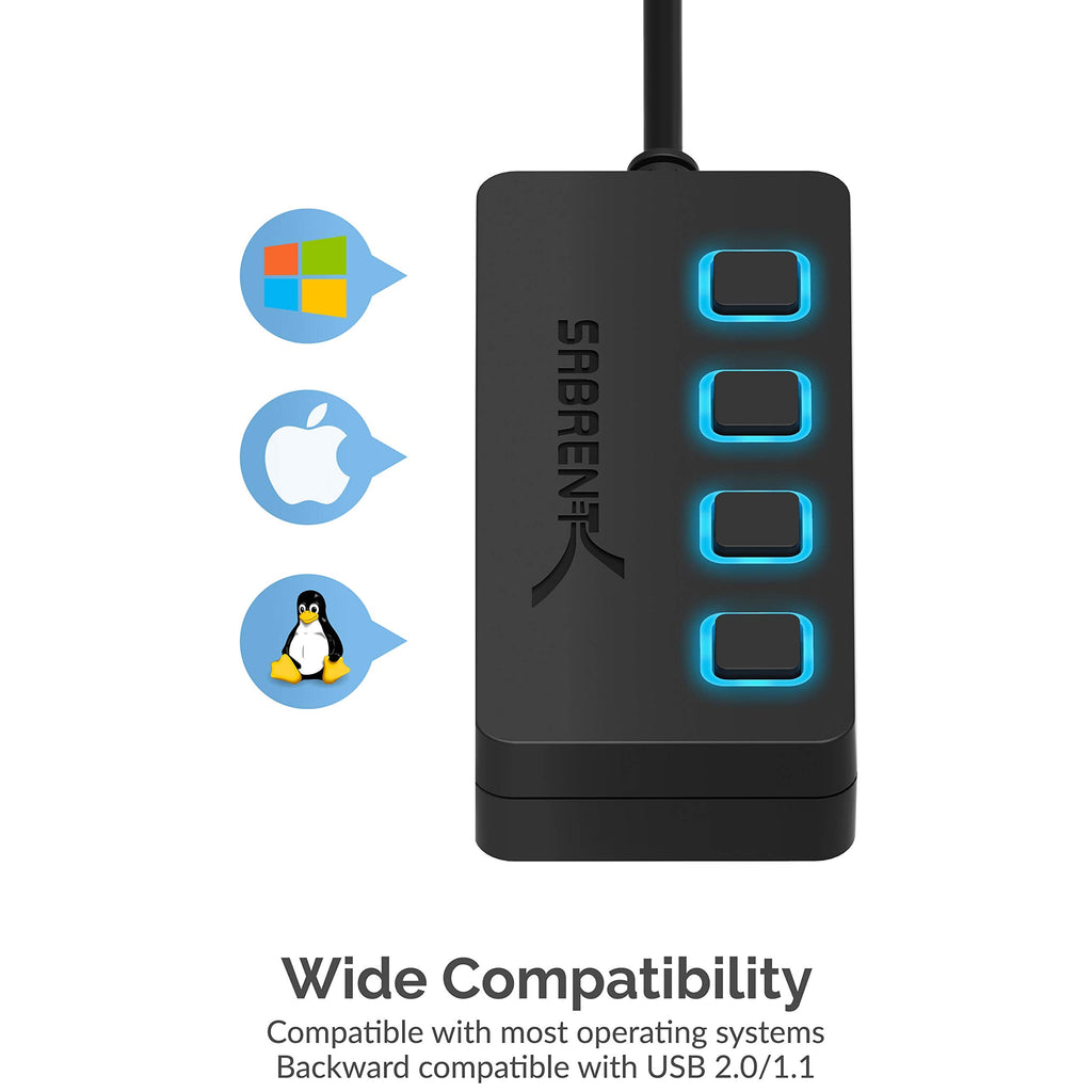 SABRENT USB Hub 4 Port USB 2.0 Portable Travel USB Docking Station with Individual LED lit Power Switches [Charging NOT Supported] for Mac & PC (HB-UMLS)