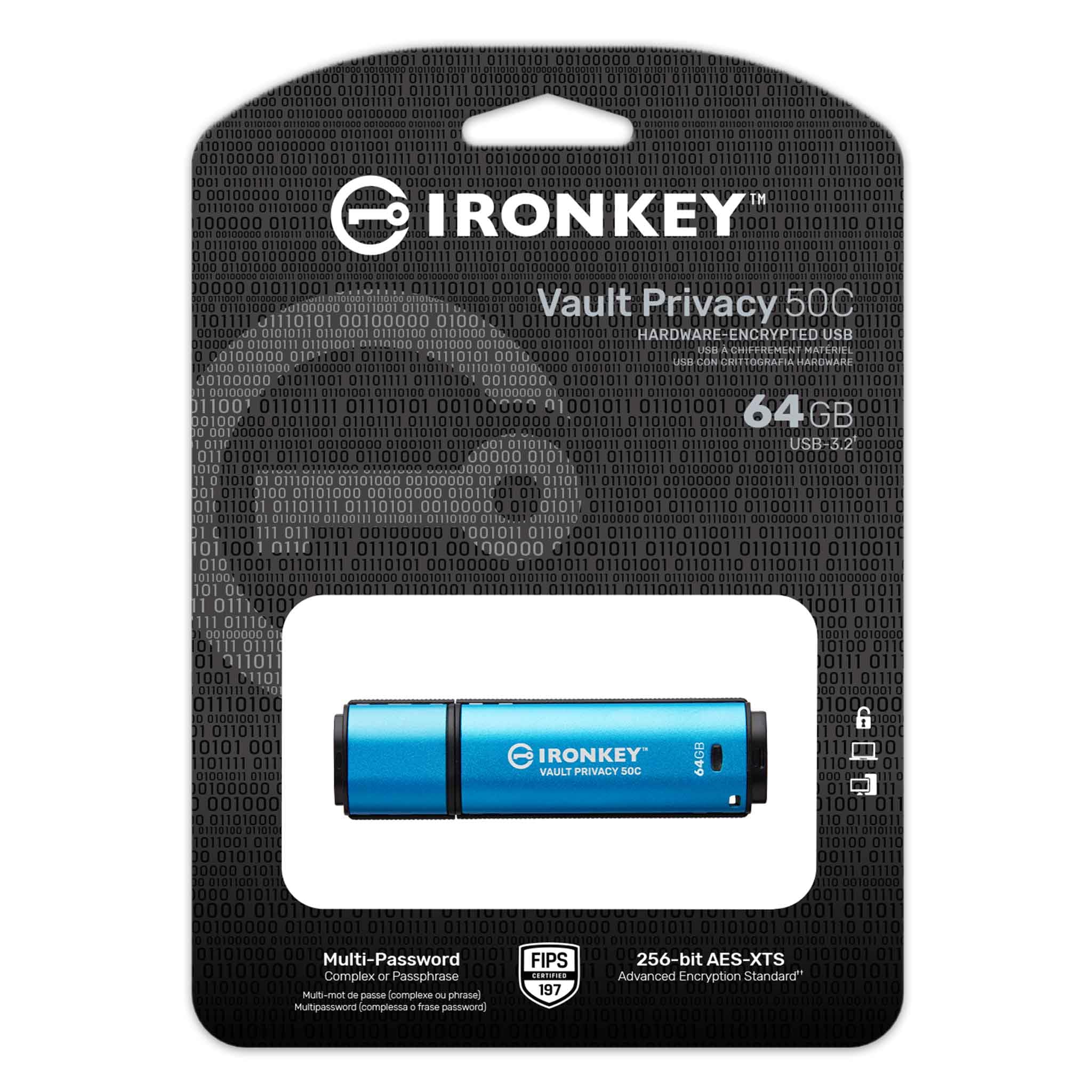 Kingston IronKey Vault Privacy 50 FIPS 197 Certified & XTS-AES 256-bit Encrypted USB TypeC Drive for Data Protection - IKVP50C/64GB