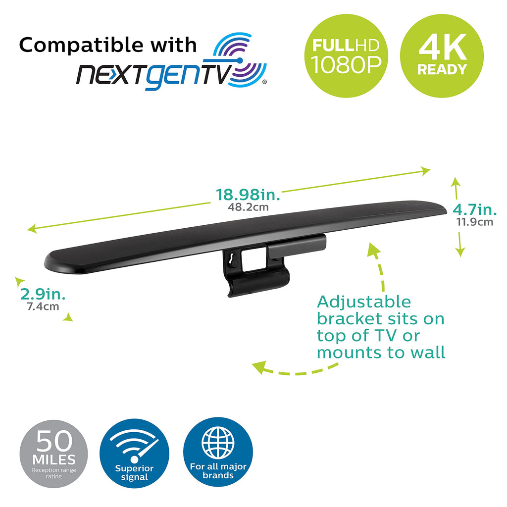 Philips Hover Amplified HD Digital TV Antenna, Long Range Smart TV Antenna, Easy Mount on Top of TV Design, Supports 4K 1080P HD VHF UHF, Signal Booster, Coax HDTV Cable/AC Adapter, SDV7219N/27