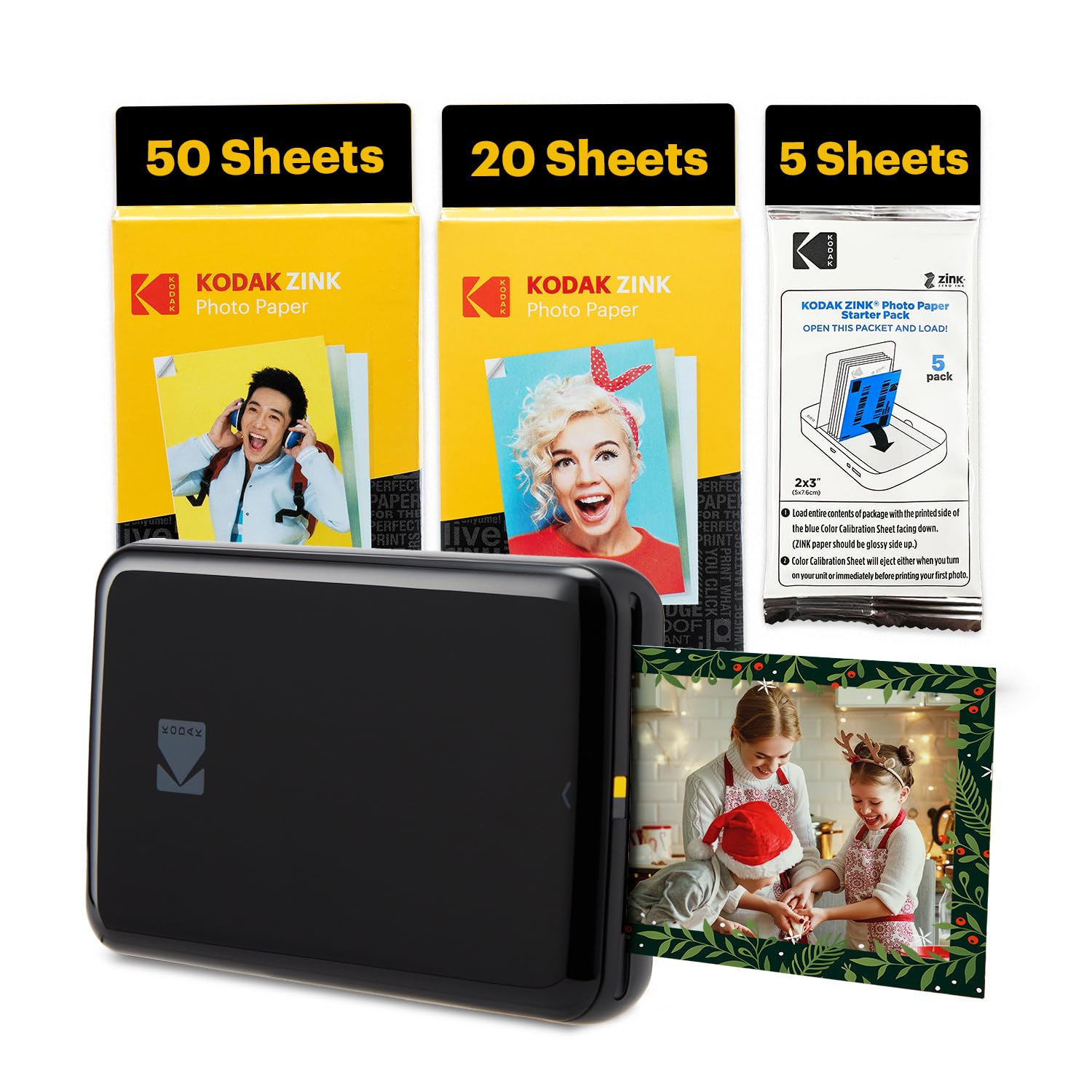 Kodak Step Instant Smartphone Photo Printer, Portable Mini Color Wireless Mobile Printer, Zink 2x3” (5.1x7.5 cm) Sticky-Back Photos, Bluetooth, 75 Sheets Bundle, Black