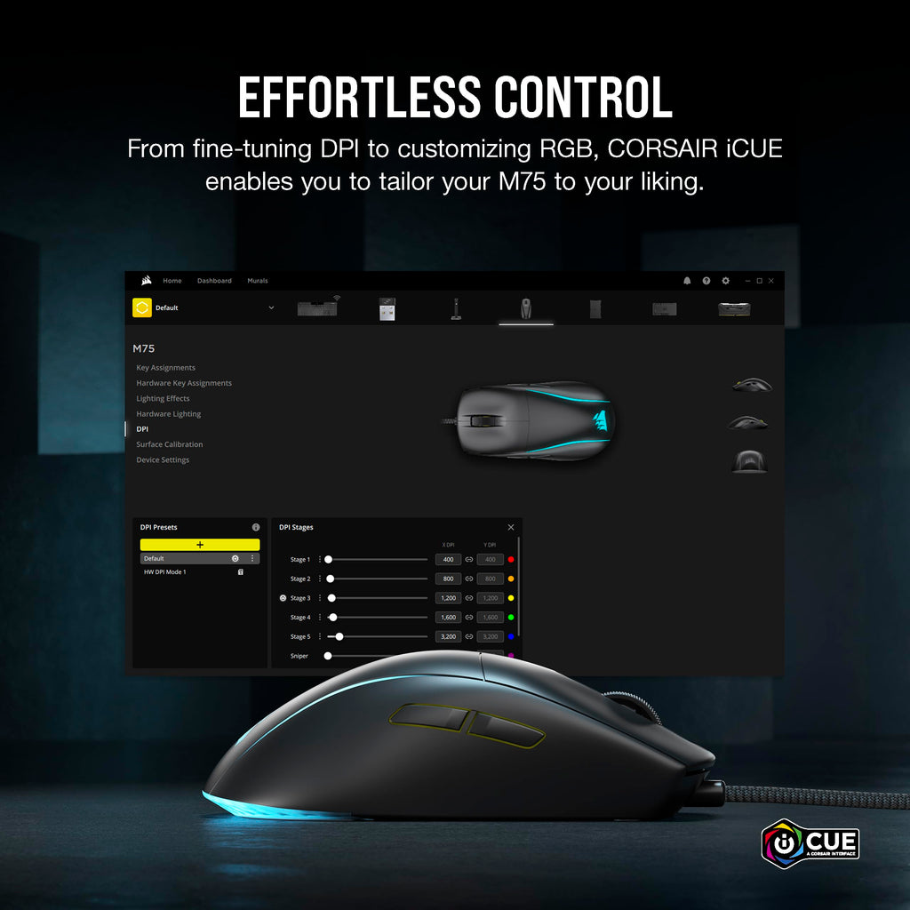 Corsair M75 Wired RGB Lightweight FPS Gaming Mouse � 26,000 DPI � Swappable Side Buttons � PC � Black