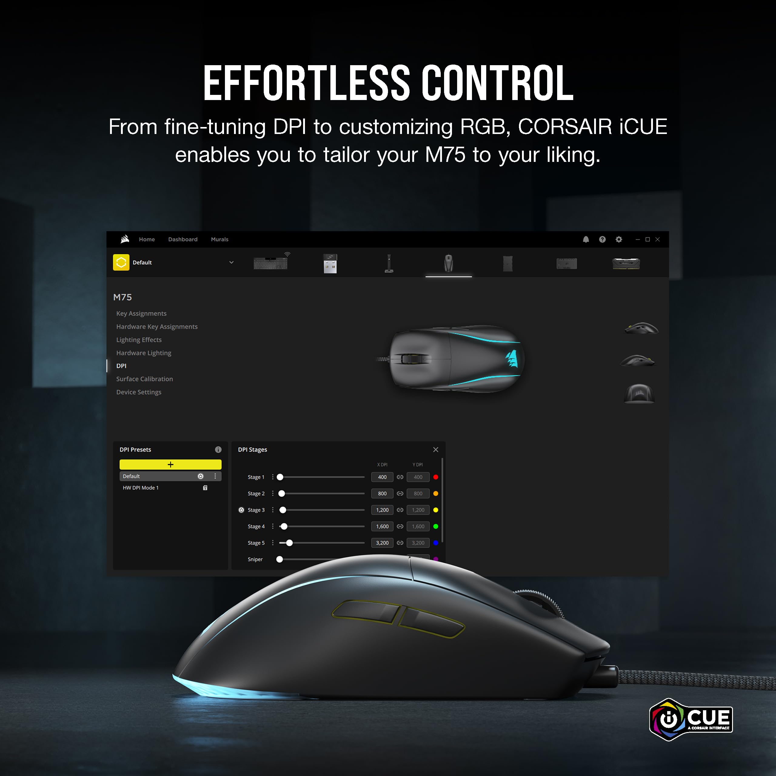 Corsair M75 Wired RGB Lightweight FPS Gaming Mouse � 26,000 DPI � Swappable Side Buttons � PC � Black