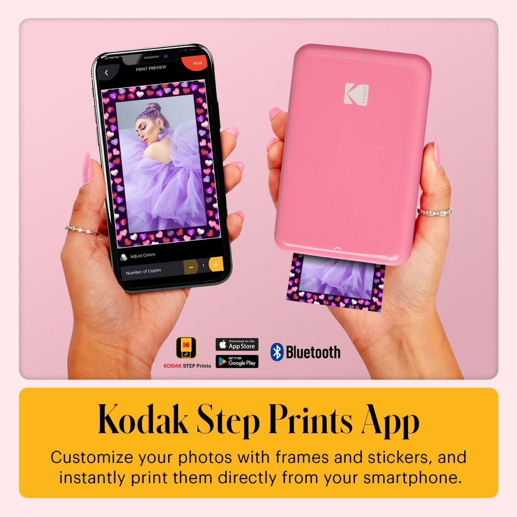 KODAK Step Instant Photo Printer with Bluetooth/NFC, Zink Technology & KODAK App for iOS & Android (Pink) Prints 2x3� Sticky-Back Photos.