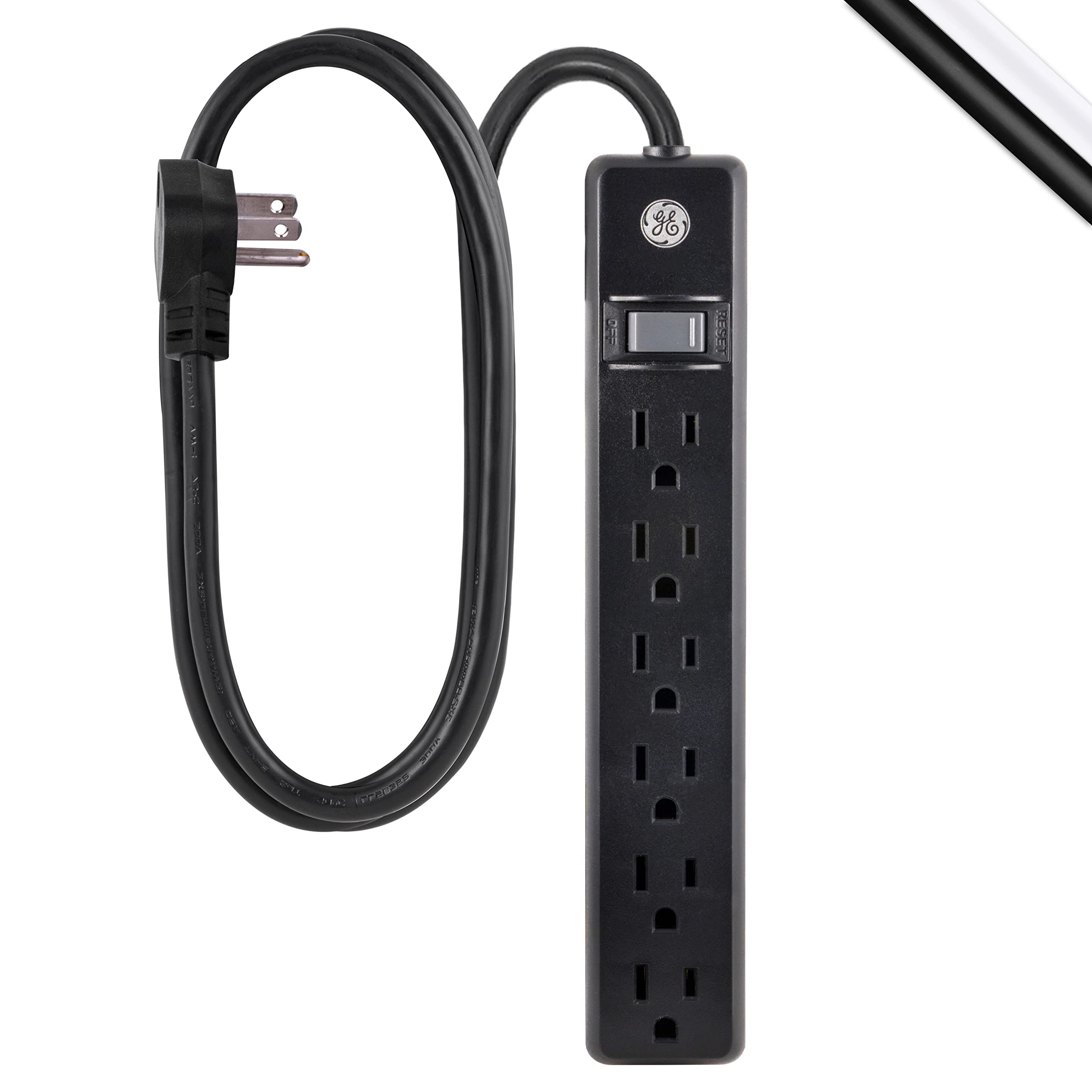 GE 6-Outlet Power Strip, 7 Ft Extension Cord, Flat Plug, Grounded, Integrated Circuit Breaker, 3-Prong, Wall Mount, UL Listed, Black, 37816