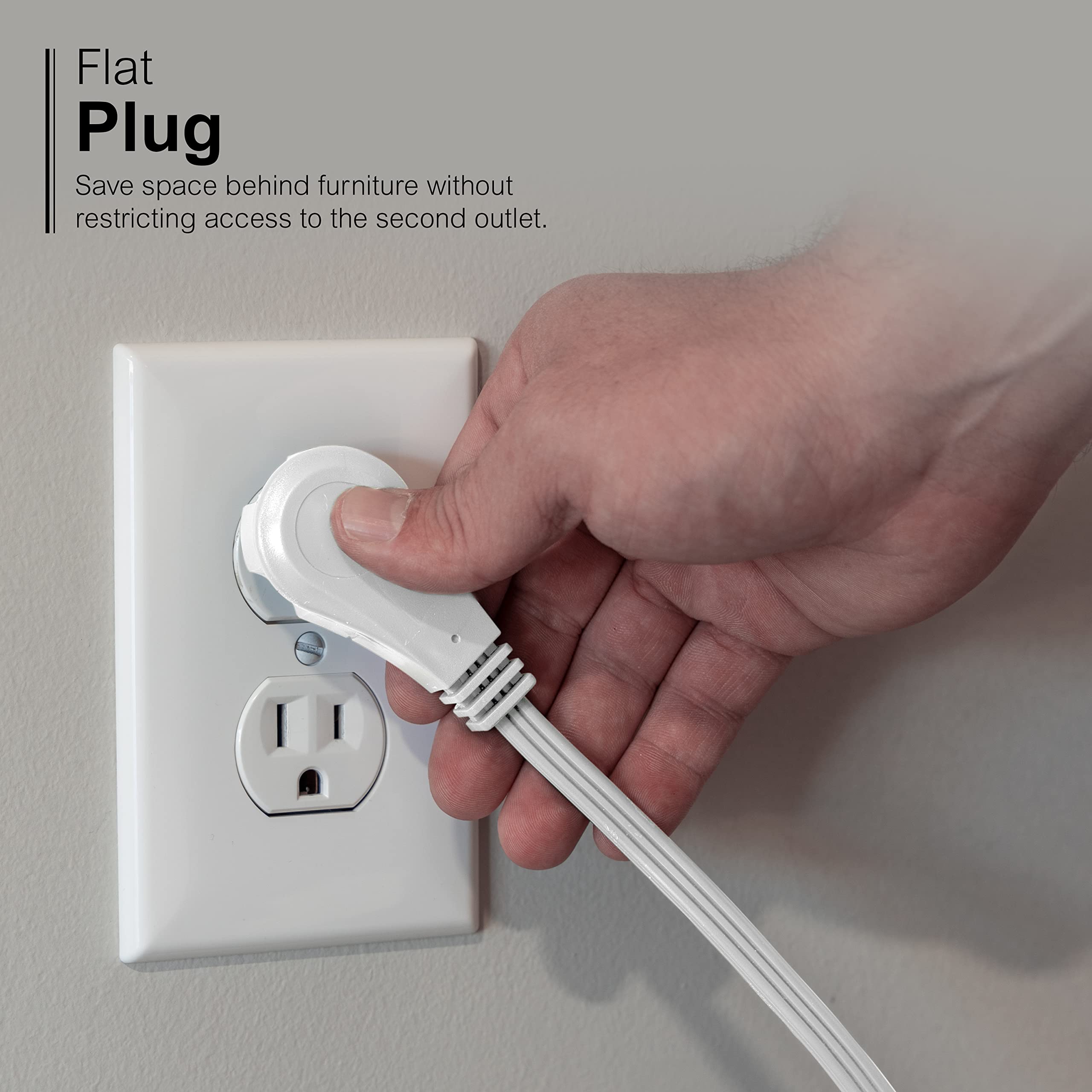 GE Indoor Extension Cord, 3 Ft Power Cable Outlet, 3 Grounded Outlets Power Strip, Right Angle Flat Extension Cord, 16 Gauge, UL Listed, White, 69869