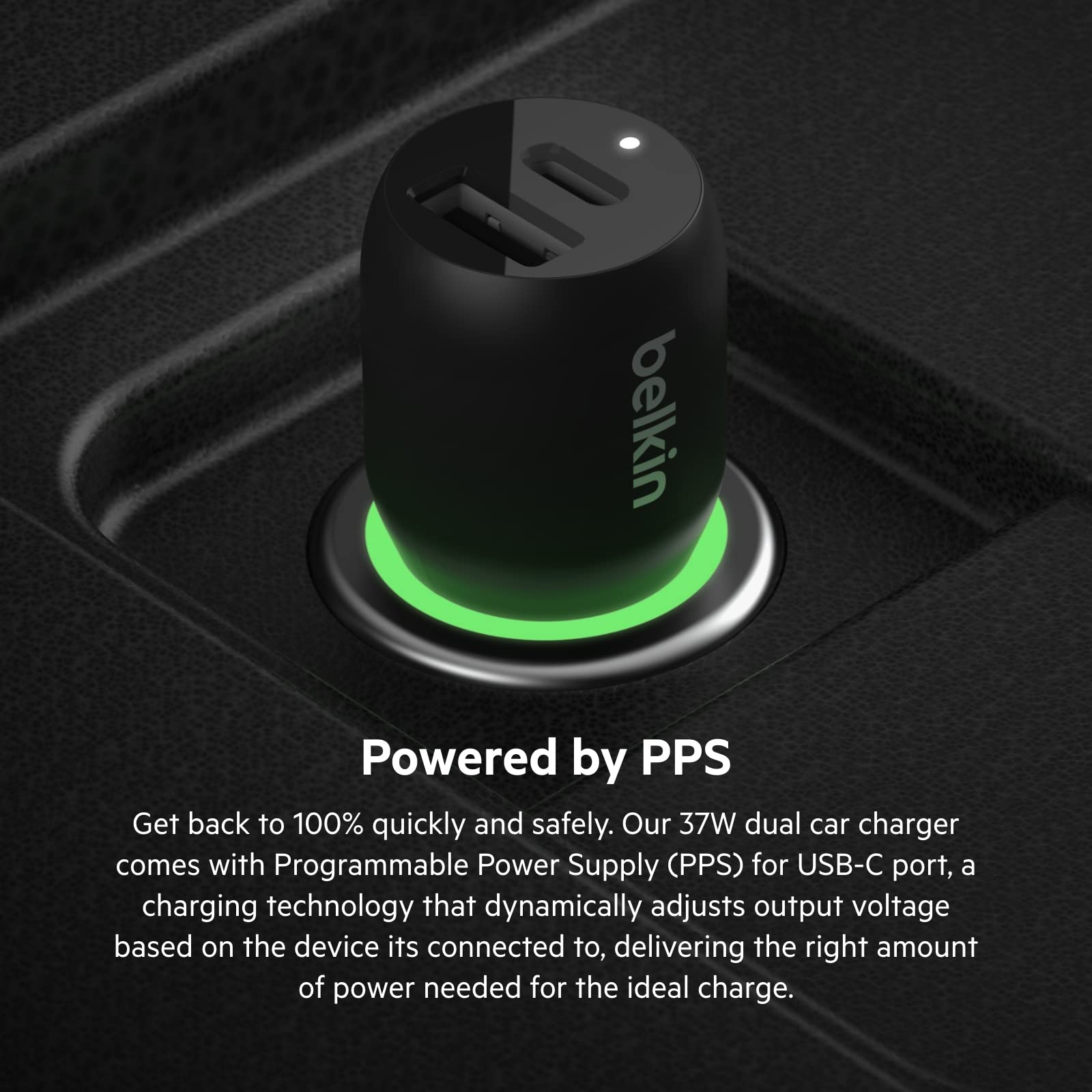 Belkin 37W Dual Port Fast Car Charger with 3.3ft USB-C Cable Included, USB-C 25W PPS Port and USB-A 12W Port for Galaxy S23, S23+, Ultra, Note20, iPhone 14, 13, 12, 11, Pro, Max, Mini and More
