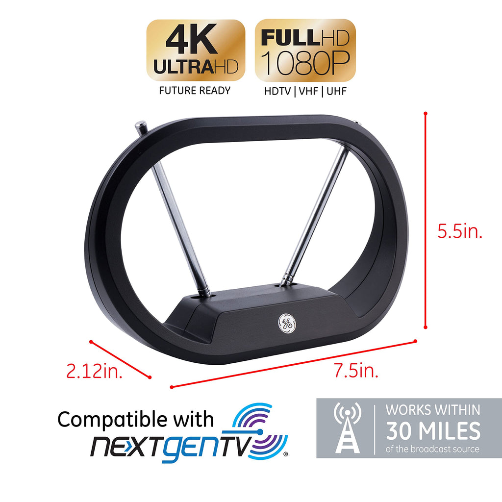 GE UltraPro Traditional Rabbit Ears Indoor Black TV Antenna, Dipoles, Weighted Base, Tabletop Antenna, Digital, HDTV Antenna, Smart TV Compatible, 4K 1080P VHF UHF, Compact Design, 33675