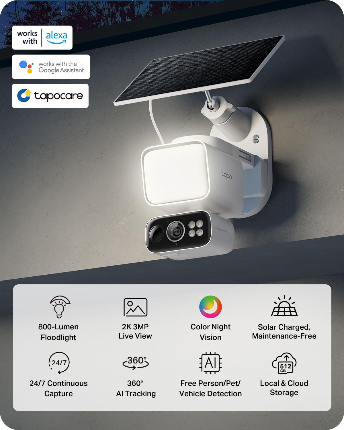 Tapo 2K Dimmable Floodlight Security Camera Outdoor Wireless w/Solar Panel, Pan/Tilt, 360� AI Tracking, Free Person/Vehicle Detection, Works w/Alexa and Google Assistant, SD/Cloud (Tapo C615F KIT)