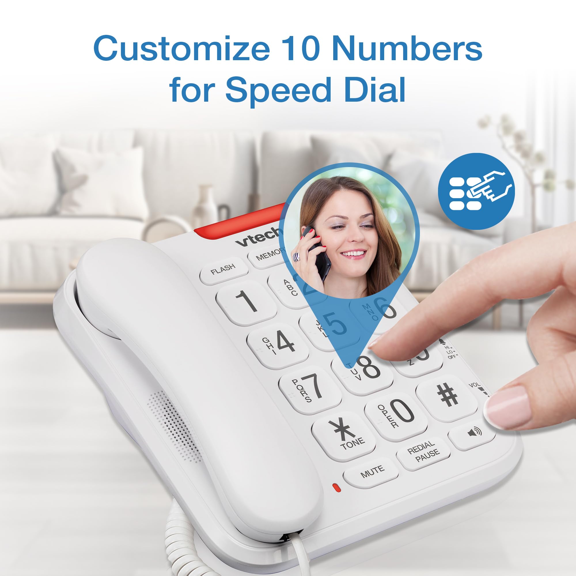 VTech SN1107 Corded Phone with Oversized High-Contrast Buttons, Talking Digits for Seniors, 10 Number Speed Dial, Visual Ringer, Full-Duplex Speakerphone