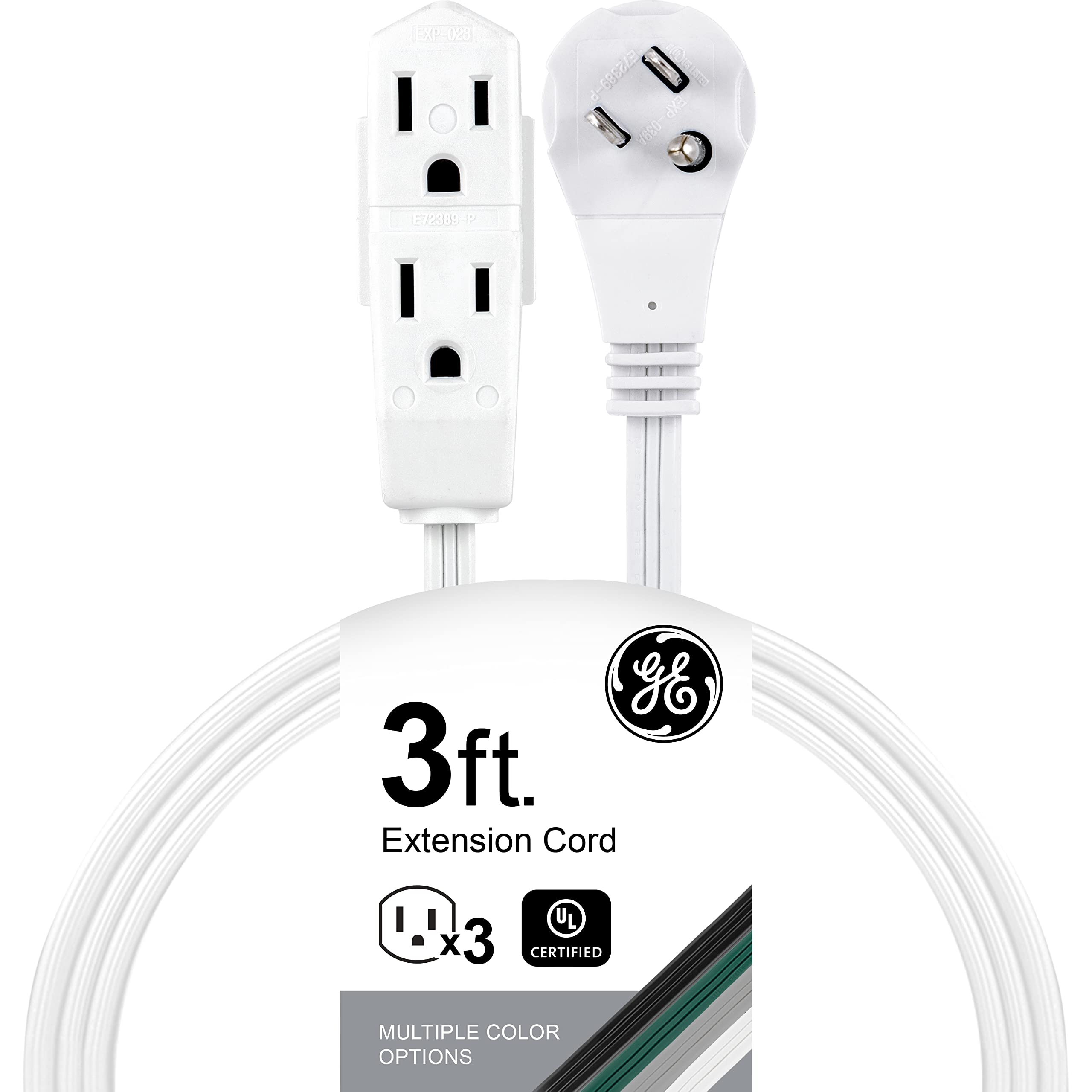 GE Indoor Extension Cord, 3 Ft Power Cable Outlet, 3 Grounded Outlets Power Strip, Right Angle Flat Extension Cord, 16 Gauge, UL Listed, White, 69869