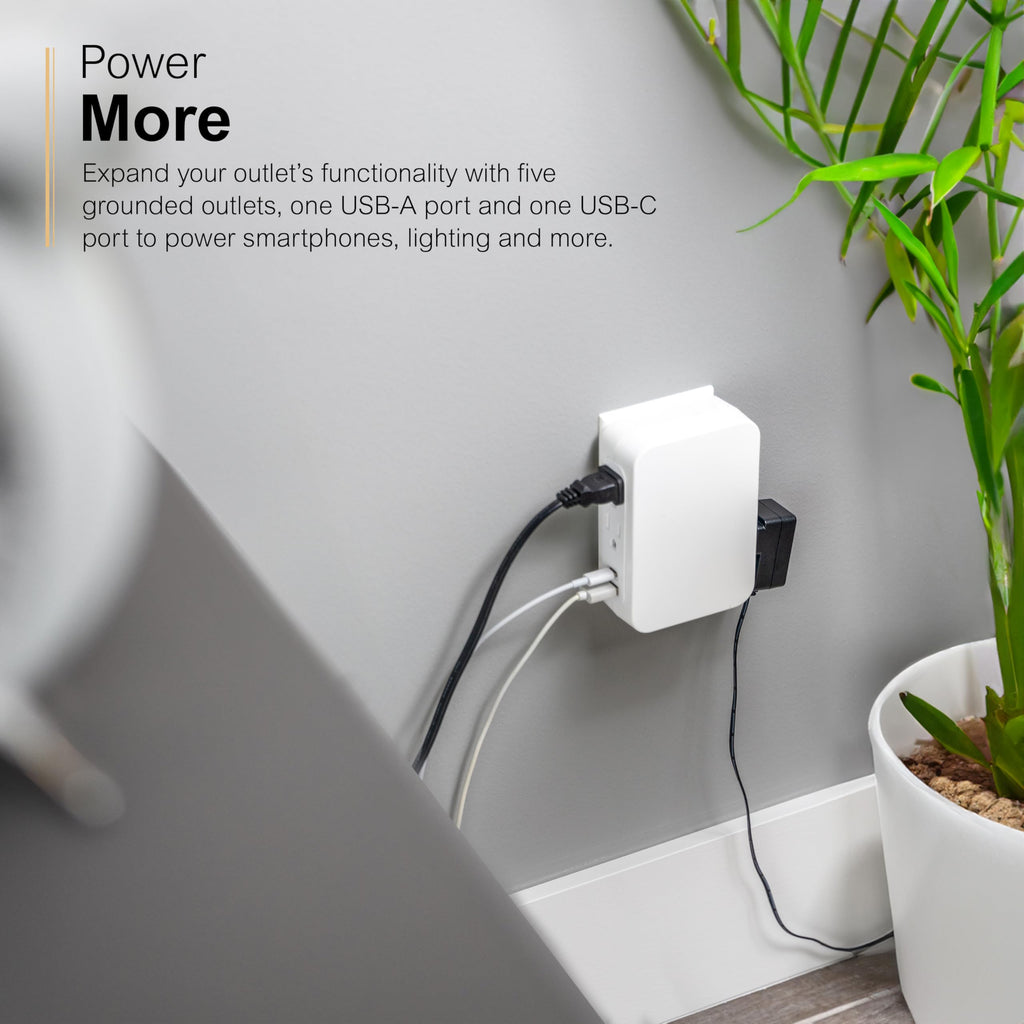GE USB C 5 Outlet Extender, Side-Access, Wall Tap Surge Protector, Multi-Plug, USB A, 3-Prong, Secure Install, White, 83503