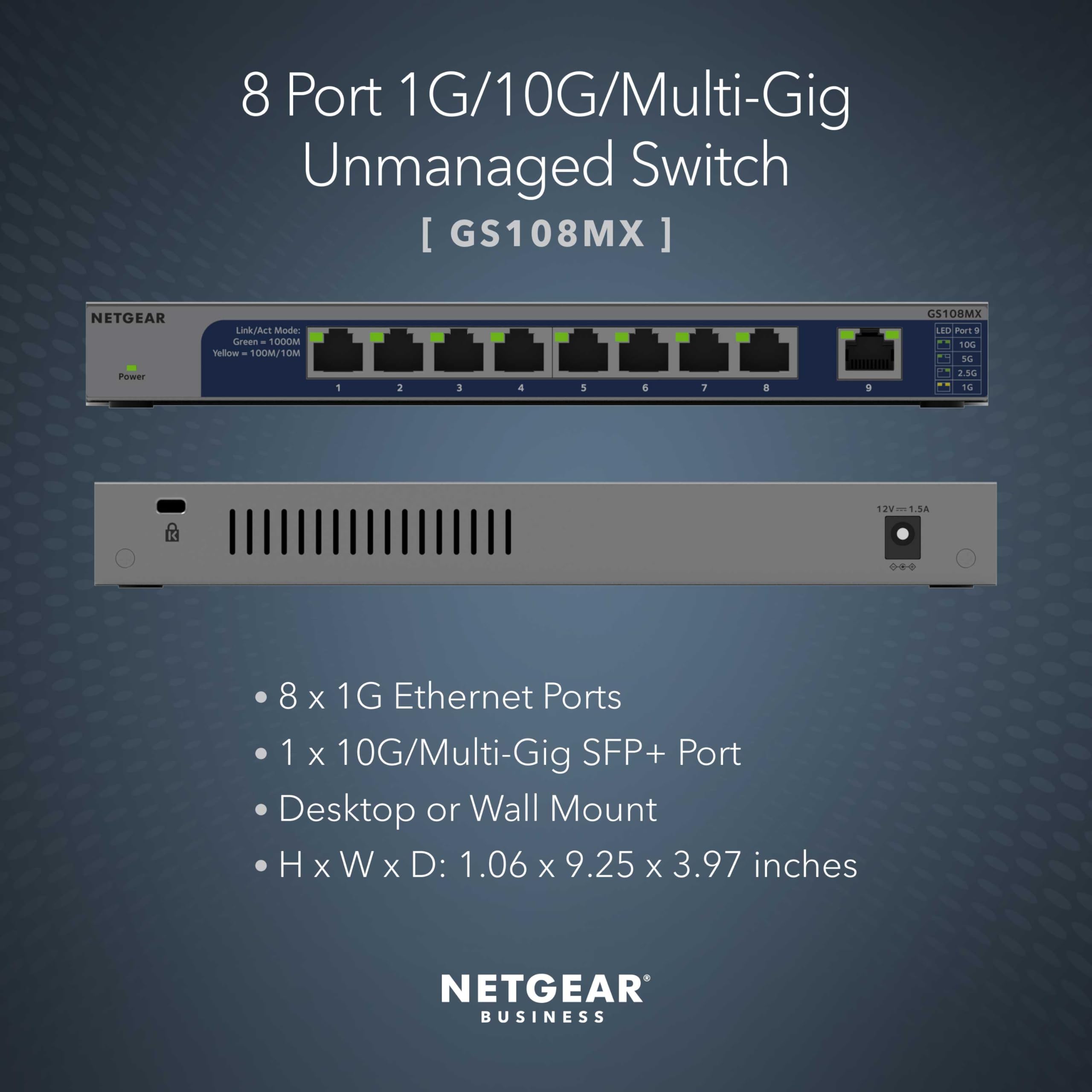 NETGEAR 8-Port 1G/10G Multi-Gigabit Ethernet Unmanaged Switch (GS108MX) - with 1 x 10G/Multi-gig SFP+, Desktop or Rackmount, and Limited Lifetime Protection, GS108MX-100NAS