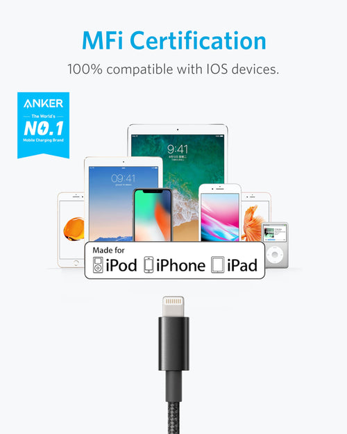 Anker 6 ft Premium Double-Braided Nylon Lightning Cable, Apple MFi Certified for iPhone Chargers, iPhone X/8/8 Plus/7/7 Plus/6/6 Plus/5s, iPad, iPad mini, and More (Black)