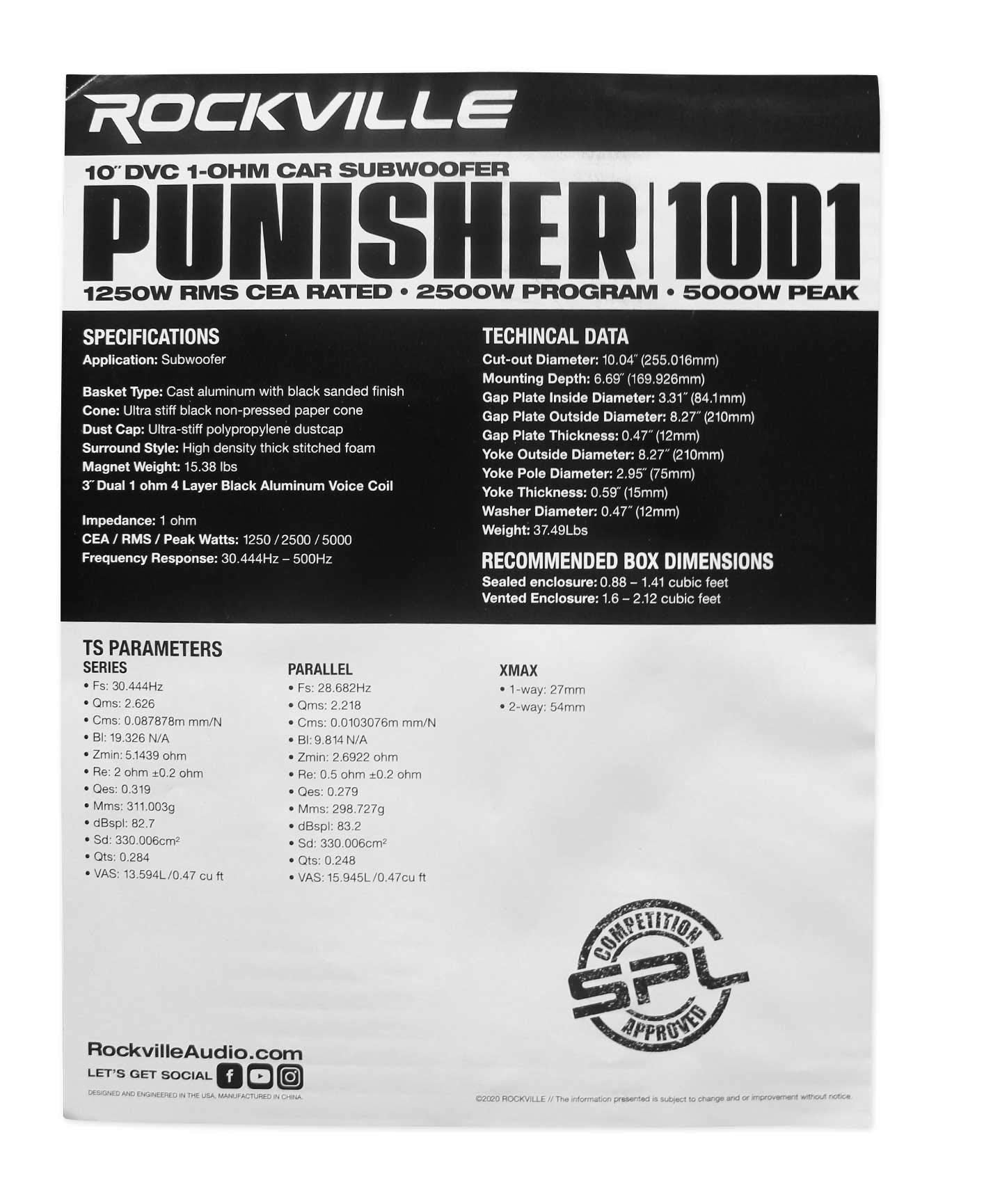Rockville Punisher 10D1 10" 5000w Peak Competition Car Audio Subwoofer Dual 1-Ohm Sub 1250w RMS CEA Rated