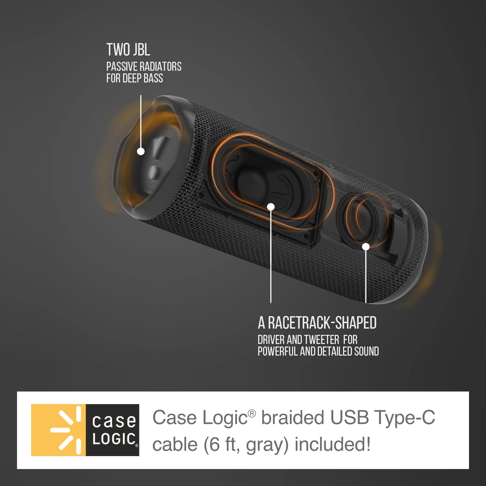 JBL Flip 6 (White) + Bundle with Case Logic Braided USB Type-C Charge & Sync (6 feet, Gray)