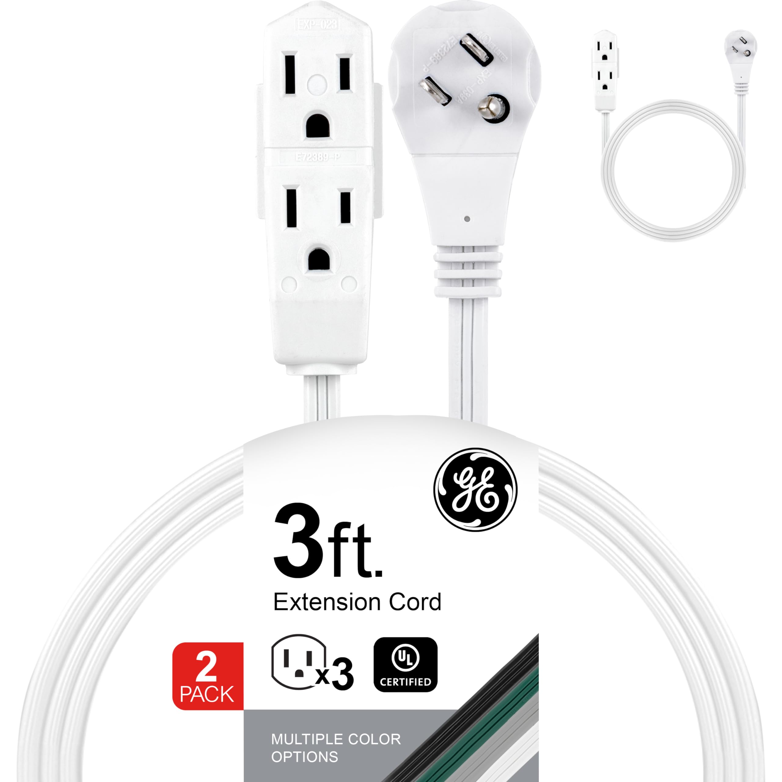 GE Indoor Extension Cord, 3 Ft Power Cable Outlet, 3 Grounded Outlets Power Strip, Right Angle Flat Extension Cord, 16 Gauge, UL Listed, White, 2 Pack, 69871
