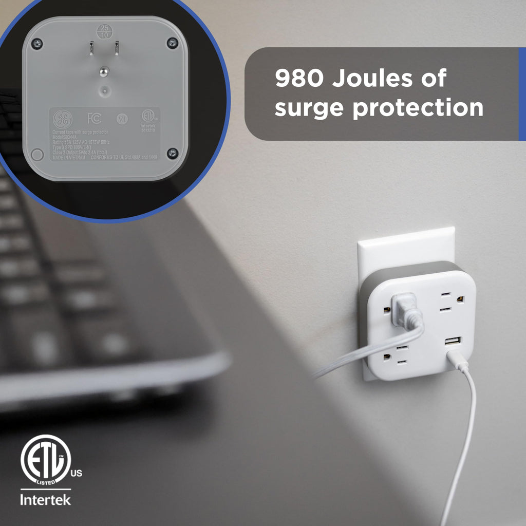 GE UltraPro 3-Outlet Surge Protector Wall Tap, 980J, USB-C & USB-A Ports, Adapter-Spaced Outlets, Circuit Breaker, ETL Certified, Low-Profile Design, White, 85875