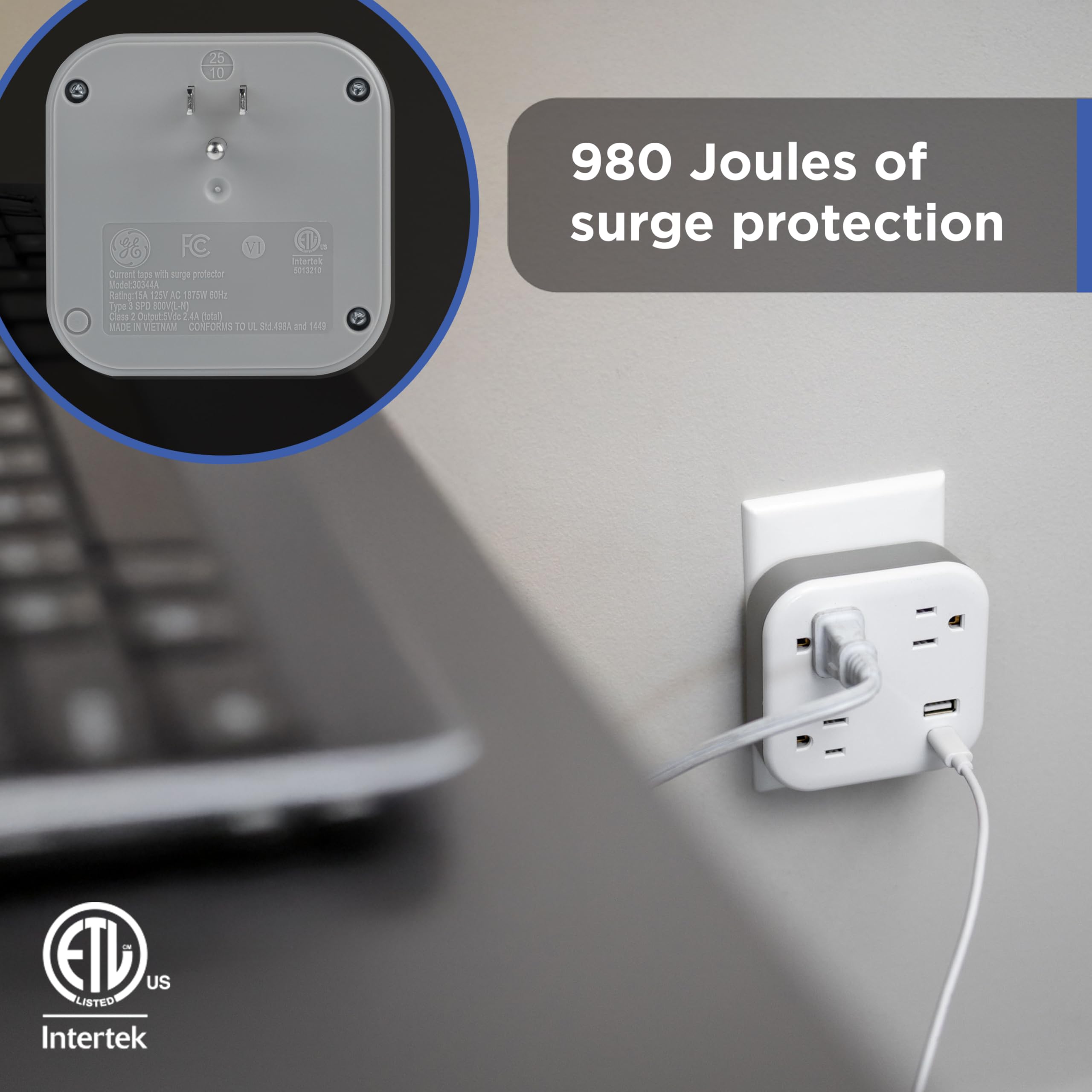 GE UltraPro 3-Outlet Surge Protector Wall Tap, 980J, USB-C & USB-A Ports, Adapter-Spaced Outlets, Circuit Breaker, ETL Certified, Low-Profile Design, White, 85875