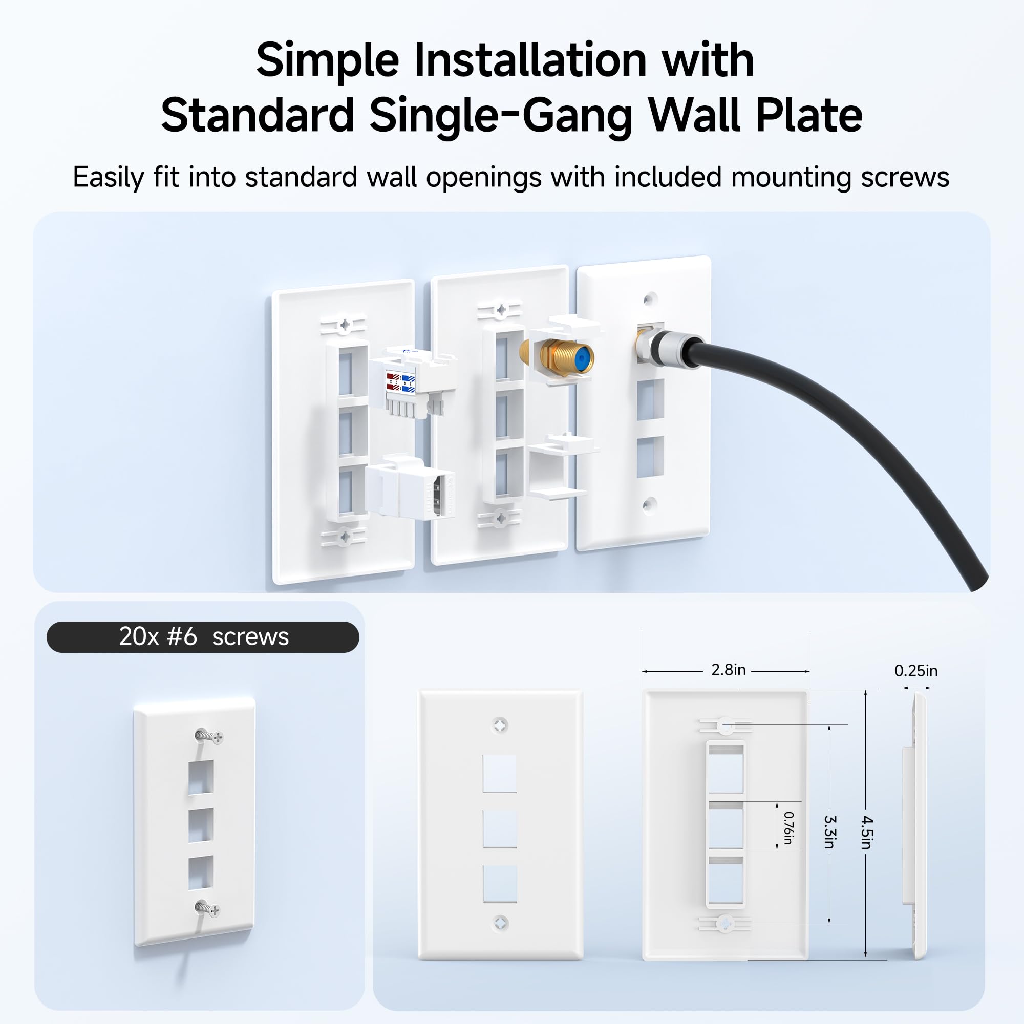 Cable Matters (10-Pack) Low Profile 3-Port Cat5e / Cat6 Keystone Jack Wall Plate in White