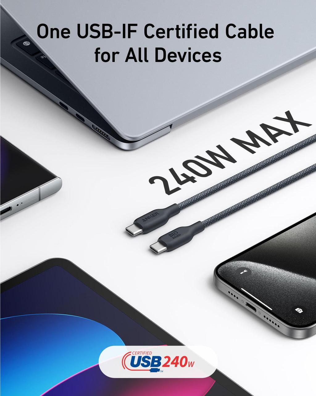 Anker 543 USB C to USB C Cable (240W, 10ft), USB 2.0 Bio-Nylon Charging Cable for MacBook Pro, iPhone 17/16/15, iPad Pro, Samsung Galaxy,and More(Phantom Black)
