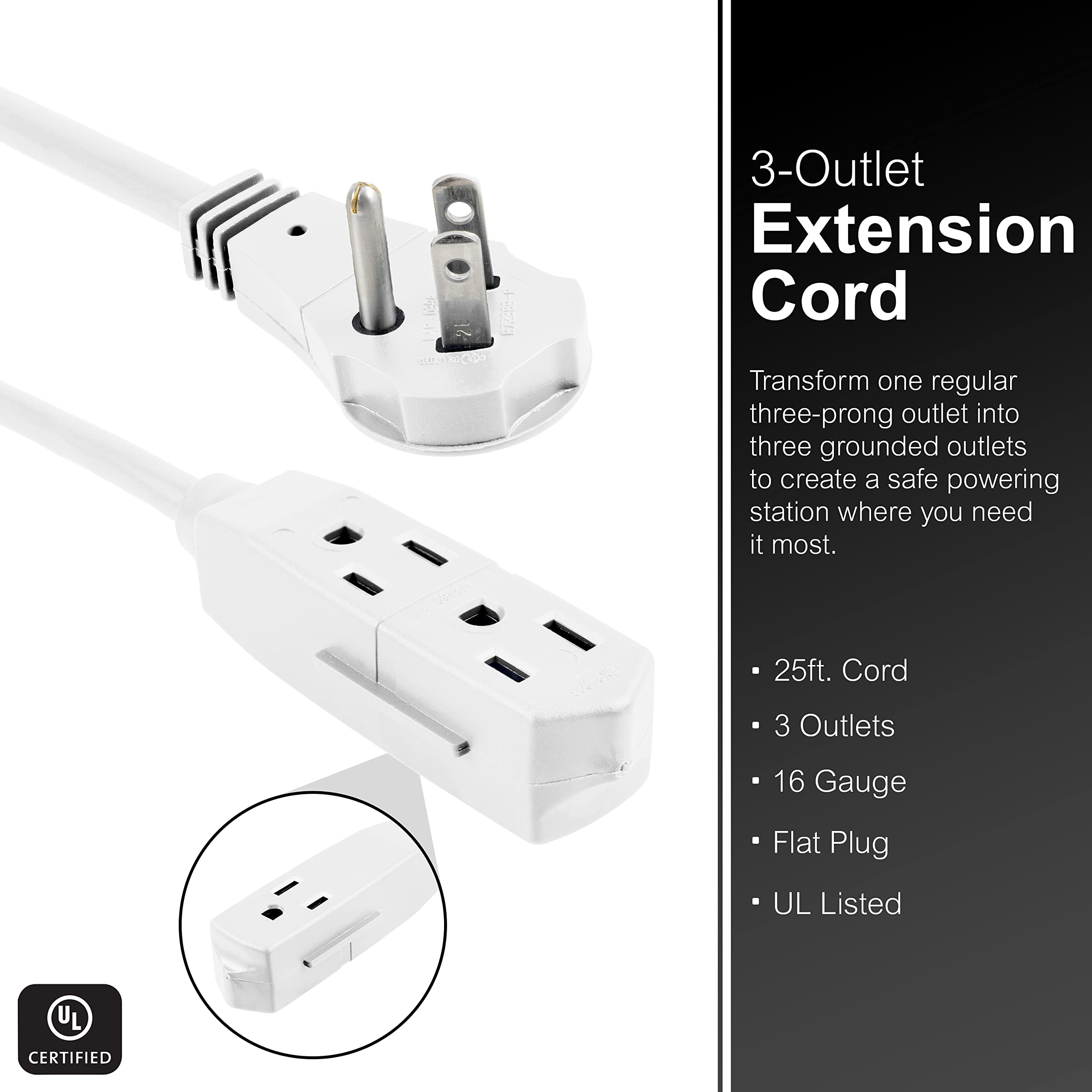 GE 3-Outlet Flat Extеnsion Cord 25 Ft Grounded Extension Cord with Multiple Outlеts 3 Prong Outlet Extender Flat Plug Power Strip Indoor Extensiоn Ϲord 16 Gauge UL Listed White 69920
