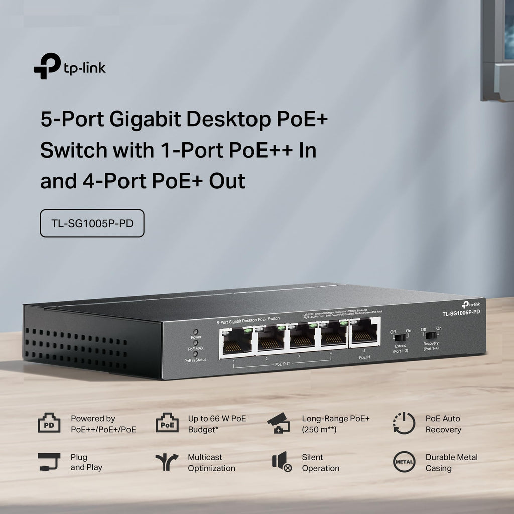 TP-Link TL-SG1005P-PD | 5 Port PoE Passthrough Gigabit Ethernet Switch | 1 PoE++ In@90W, 4 PoE+ Output up to 66W | Plug & Play | Extend Mode | QoS, IGMP, PoE Auto Recovery | PoE Powered ONLY | Fanless