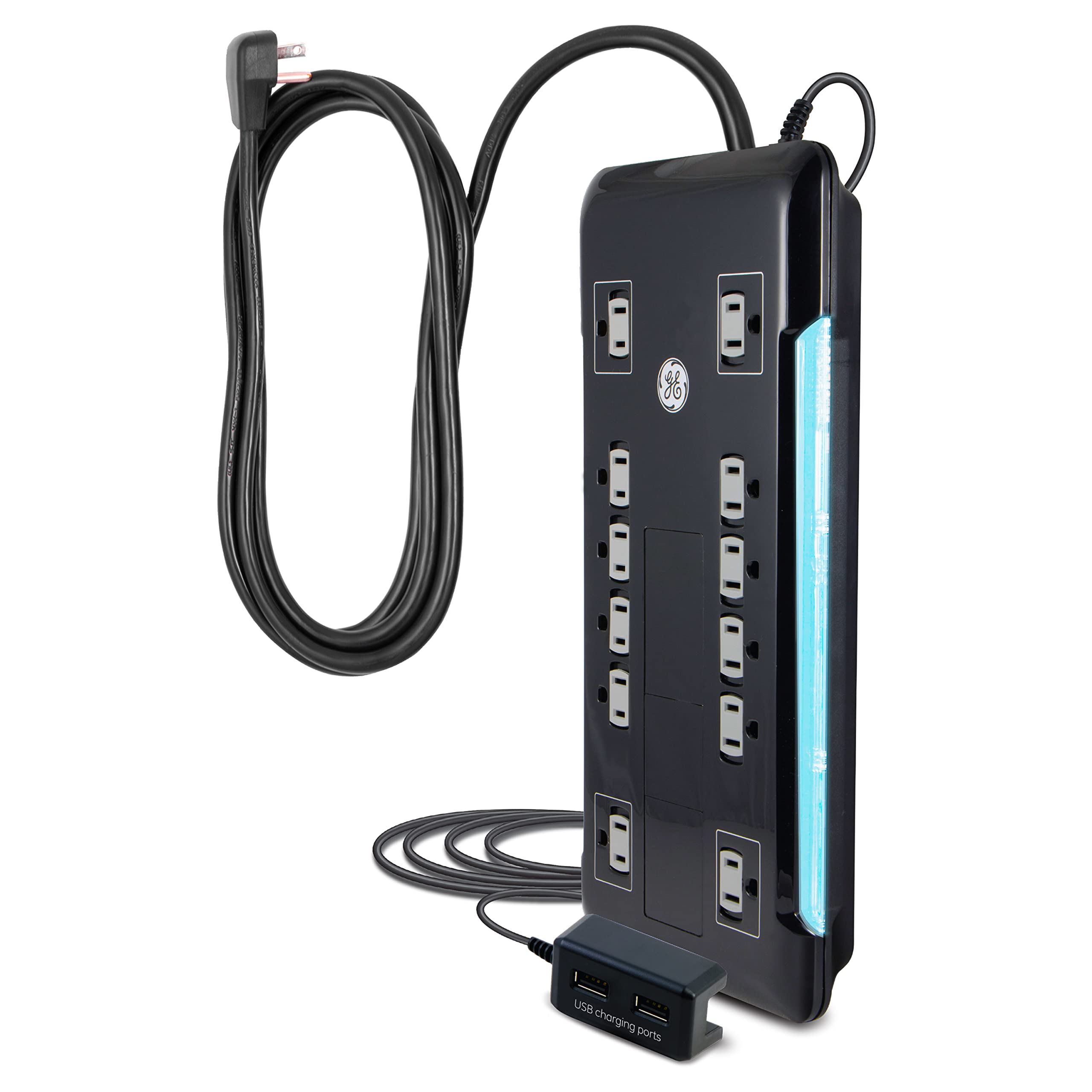 GE UltraPro 12-Outlet Surge Protector, Tethered 2 USB Ports, 8 Ft Power Cord, 4320 Joules, Flat Plug, Power Filter, Circuit Breaker, Warranty, UL Listed, Black, 11824