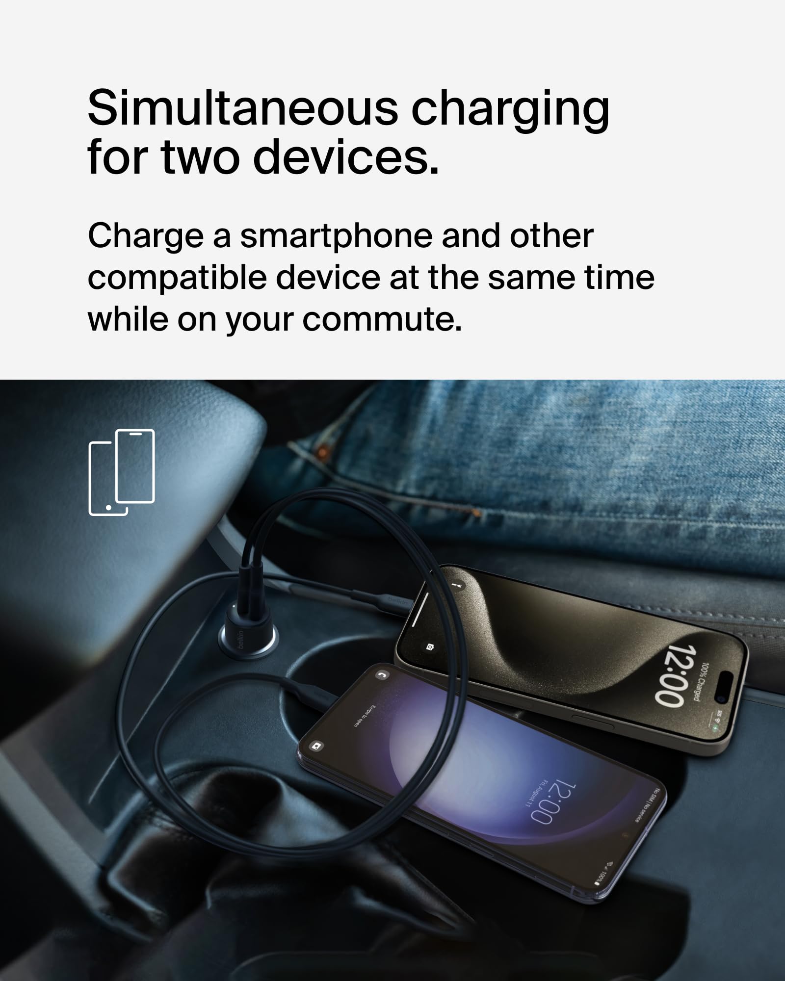 Belkin BoostCharge Dual Car Charger 42W w/Fast Charge USB-C 30W PPS & 12W USB-A Ports + USB-C to USB-C Cable for Apple iPhone 16, 16 Pro, 16 Pro Max, iPhone 15, Samsung Galaxy S24, & More - Black