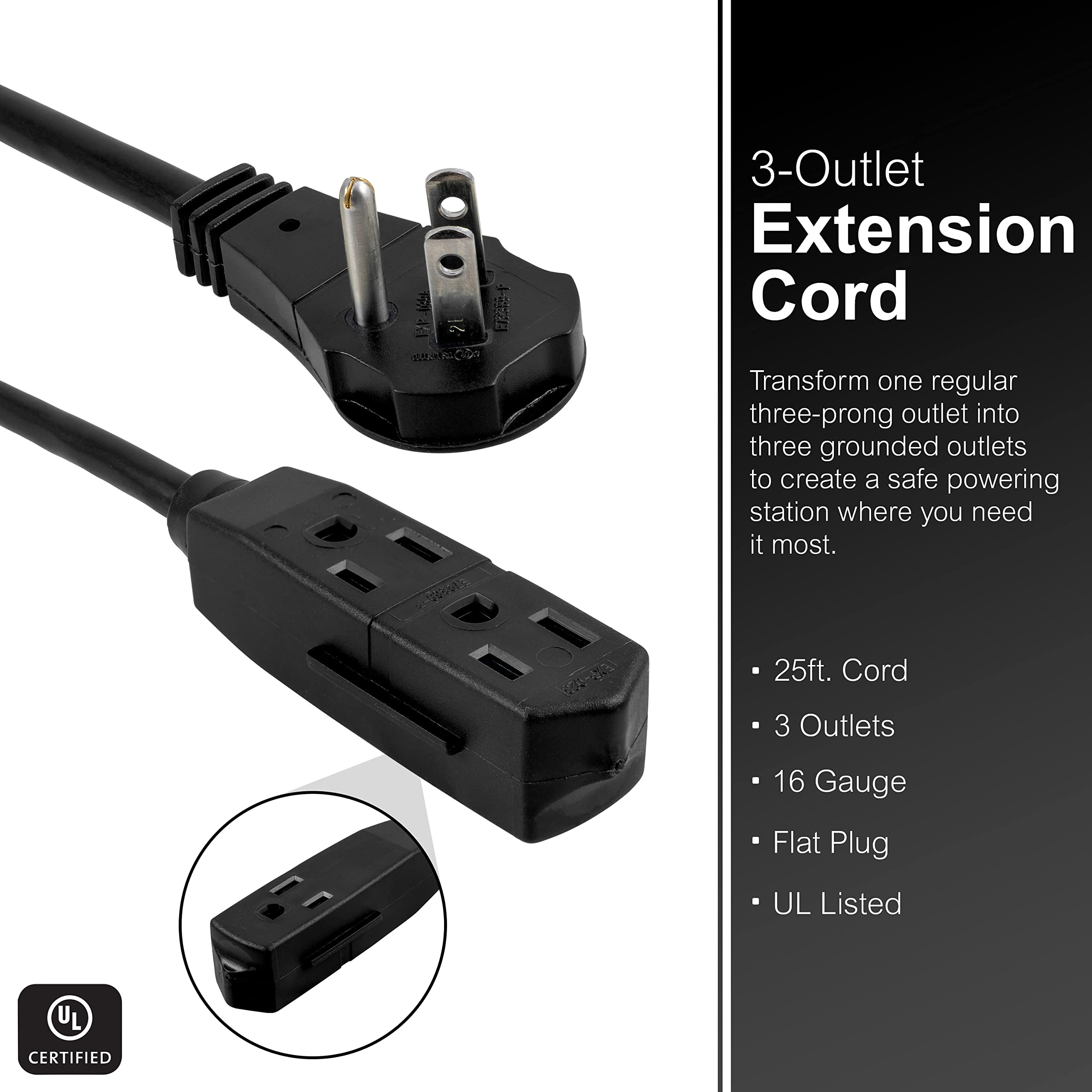 GE Indoor Extension Cord, 25 Ft Power Cable Outlet, 3 Grounded Outlets Power Strip, Right Angle Flat Extension Cord, 16 Gauge, UL Listed, Black, 69921