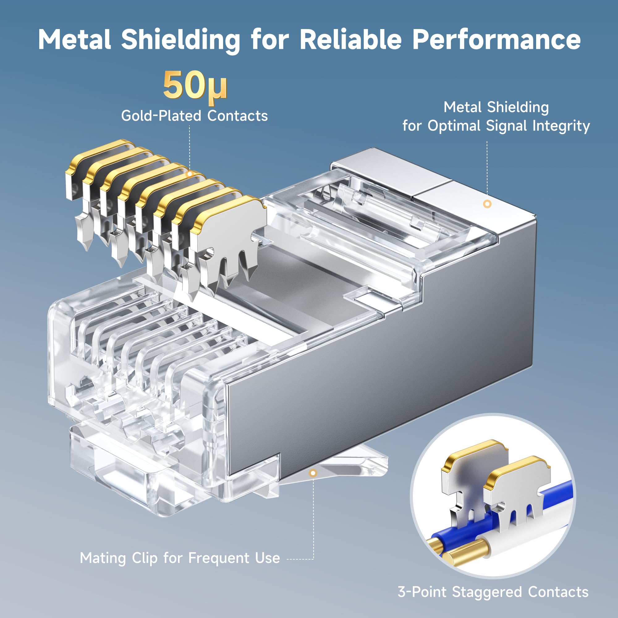Cable Matters 100-Pack Cat 6A Shielded Pass Through RJ45 Connectors (Cat 6A Ends / Cat6A Connector / RJ45 Modular Plugs/Ethernet Plugs/Network Connector) for Solid or Stranded S/FTP Ethernet Cable