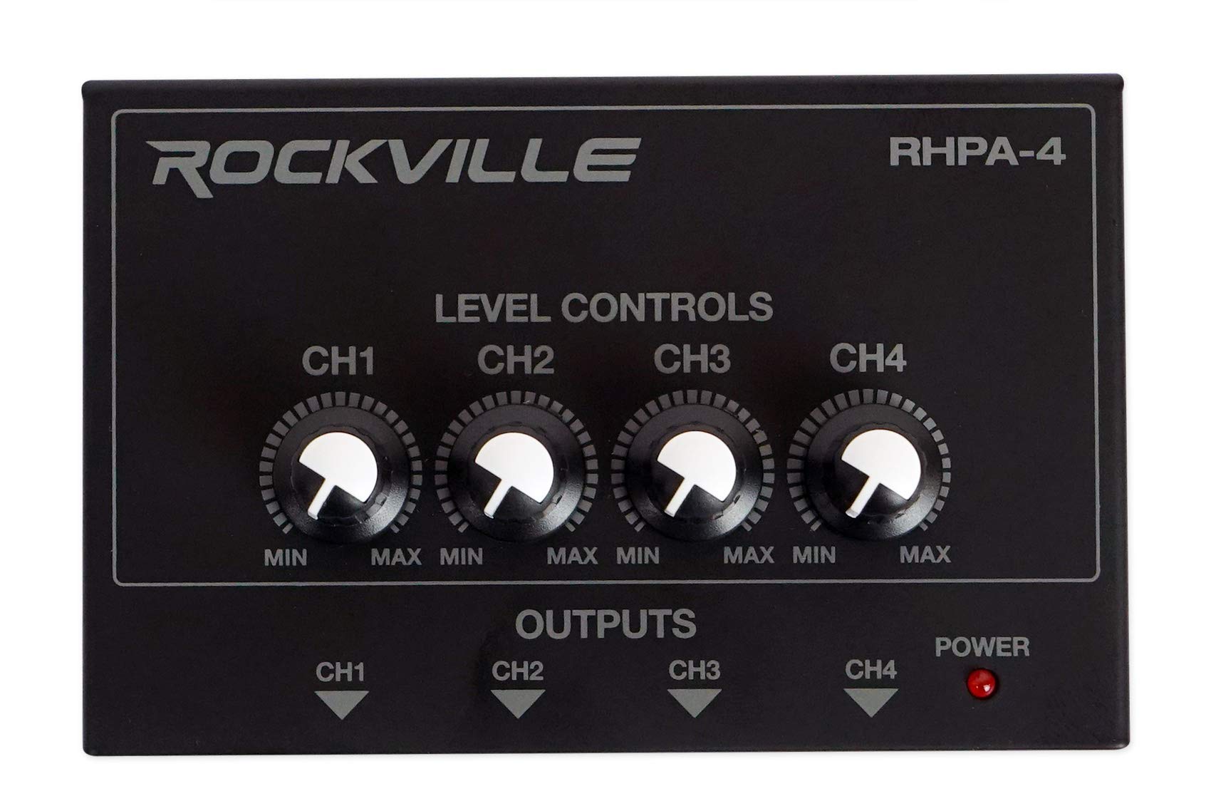 Rockville RHPA4 4-Channel Headphone Amplifier, Stereo/Mono Switch, Dual 1/4" and 3.5mm Outputs per Channel, USB Power, for Studio and Podcast Monitoring