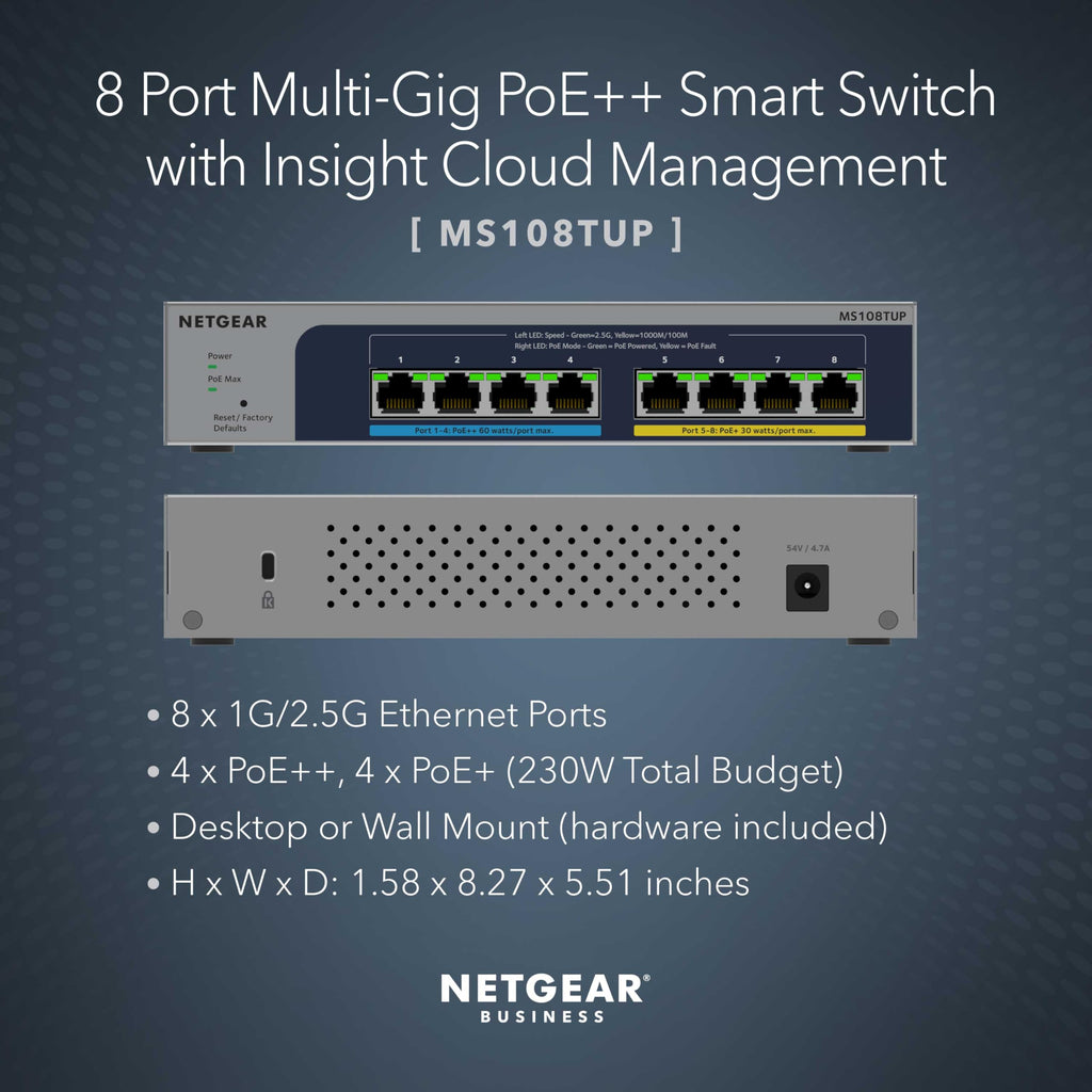 NETGEAR 8-Port Ultra60 PoE Multi-Gigabit Ethernet Smart Switch (MS108TUP) - Managed, with 4 x PoE++ and 4 x PoE+ @ 230W, Optional Insight Cloud Management, Desktop or Rack Mount