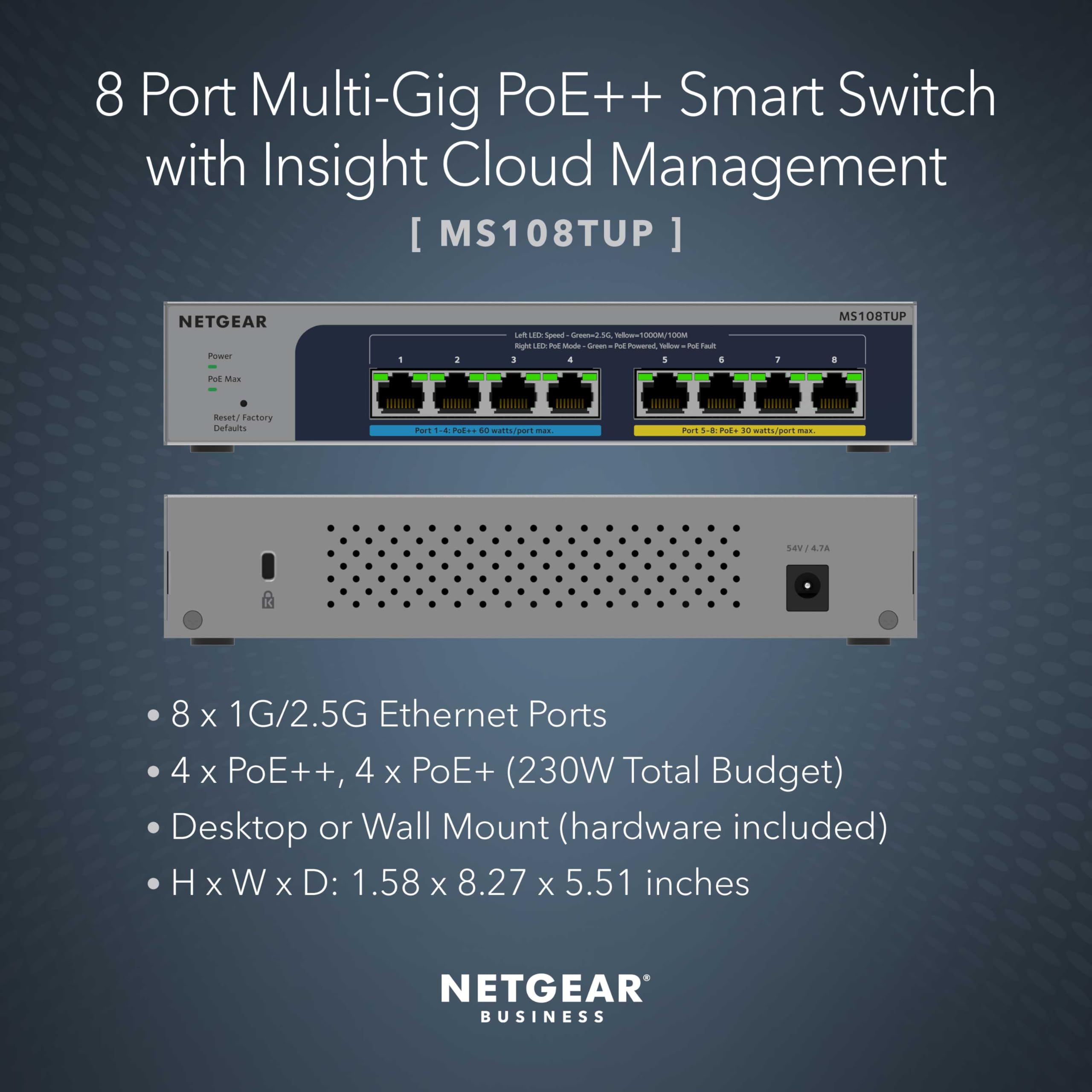 NETGEAR 8-Port Ultra60 PoE Multi-Gigabit Ethernet Smart Switch (MS108TUP) - Managed, with 4 x PoE++ and 4 x PoE+ @ 230W, Optional Insight Cloud Management, Desktop or Rack Mount