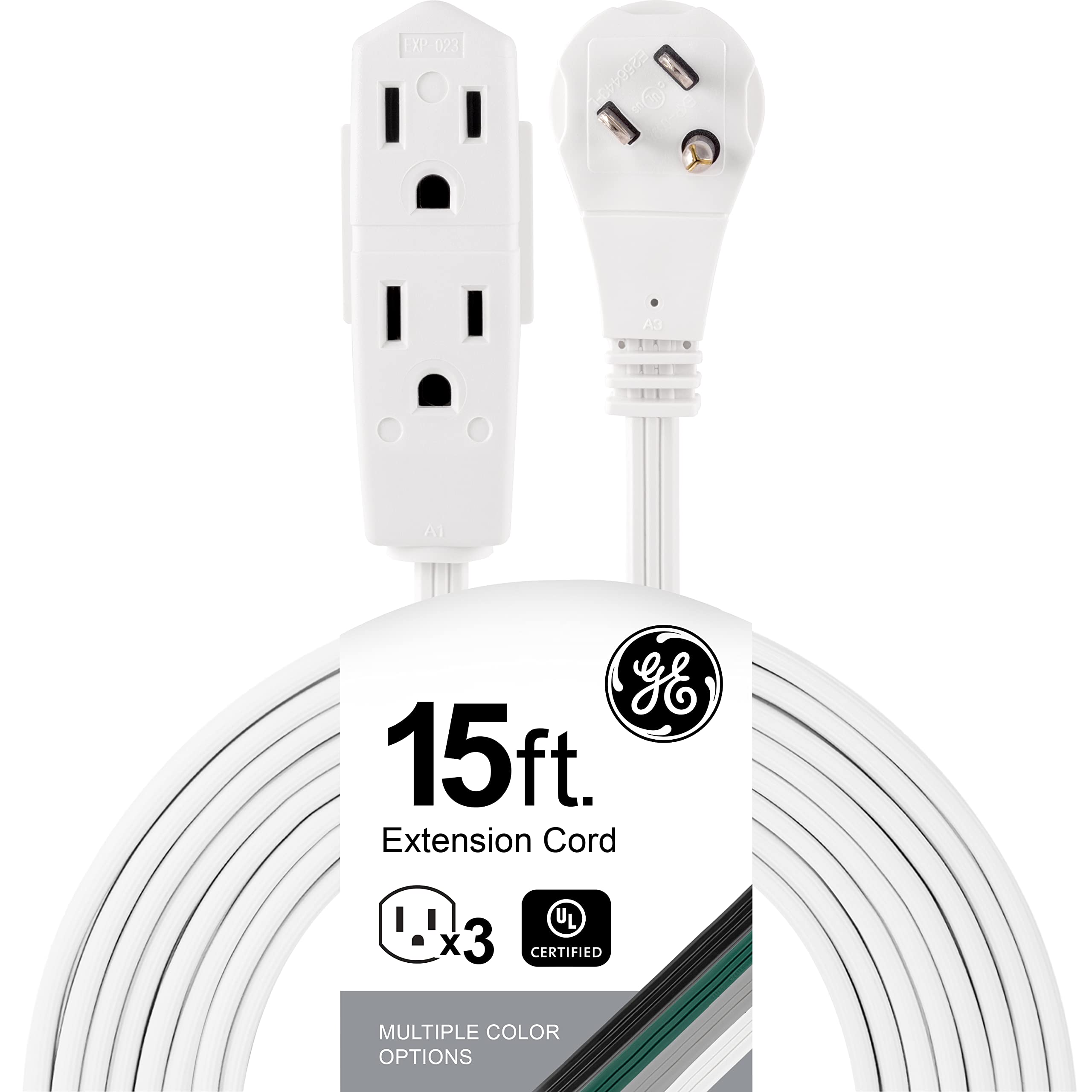 GE Indoor Extension Cord, 15 Ft Power Cable, 3 Grounded Outlets, 3-Prong, Low-Profile Flat Plug, 16 Gauge, UL Listed, White, 56986