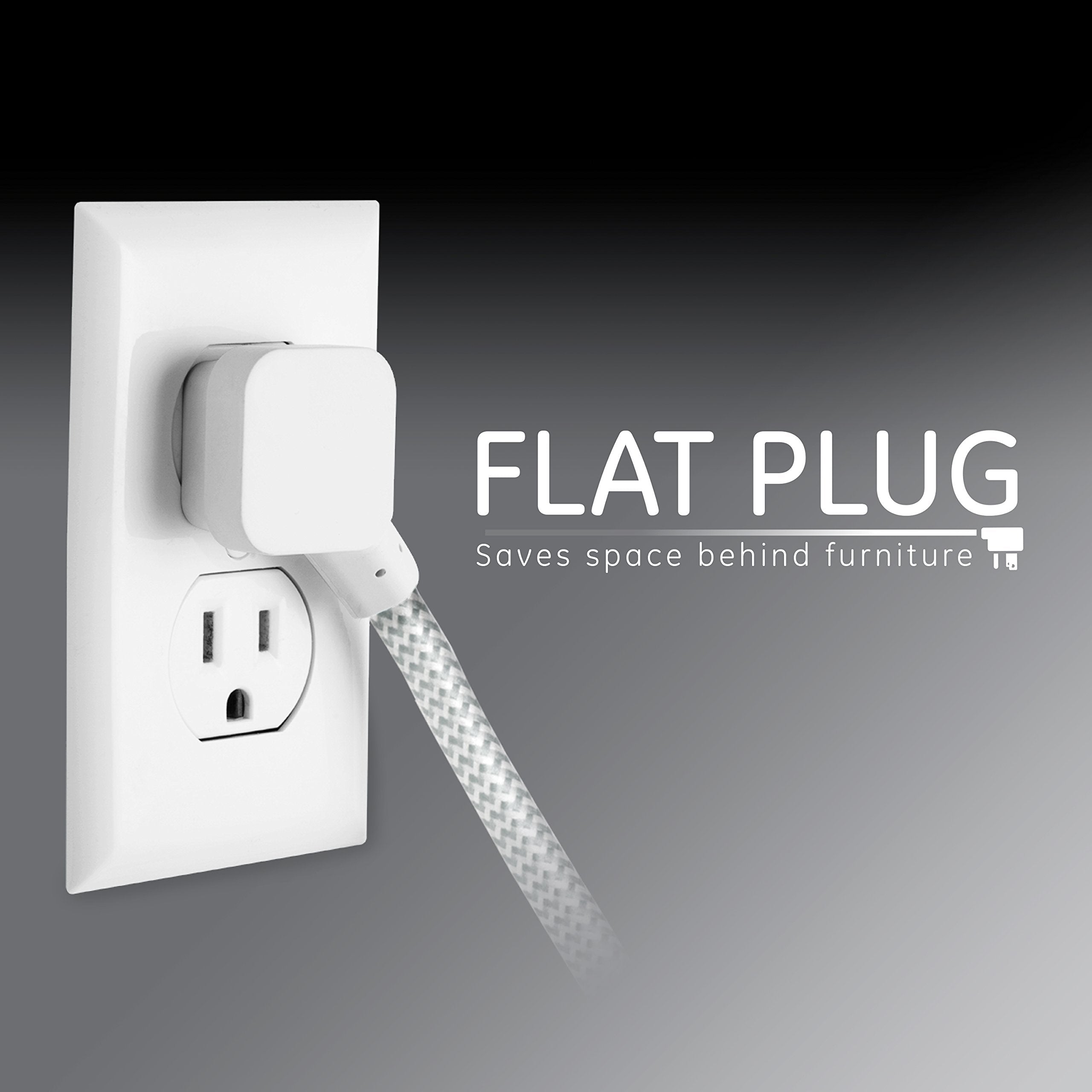 GE Pro 3-Outlet Power Strip with Surge Protection, 15 Ft Designer Braided Extension Cord, Grounded, Flat Plug, 250 Joules, Warranty, UL Listed, White/Gray, 40530