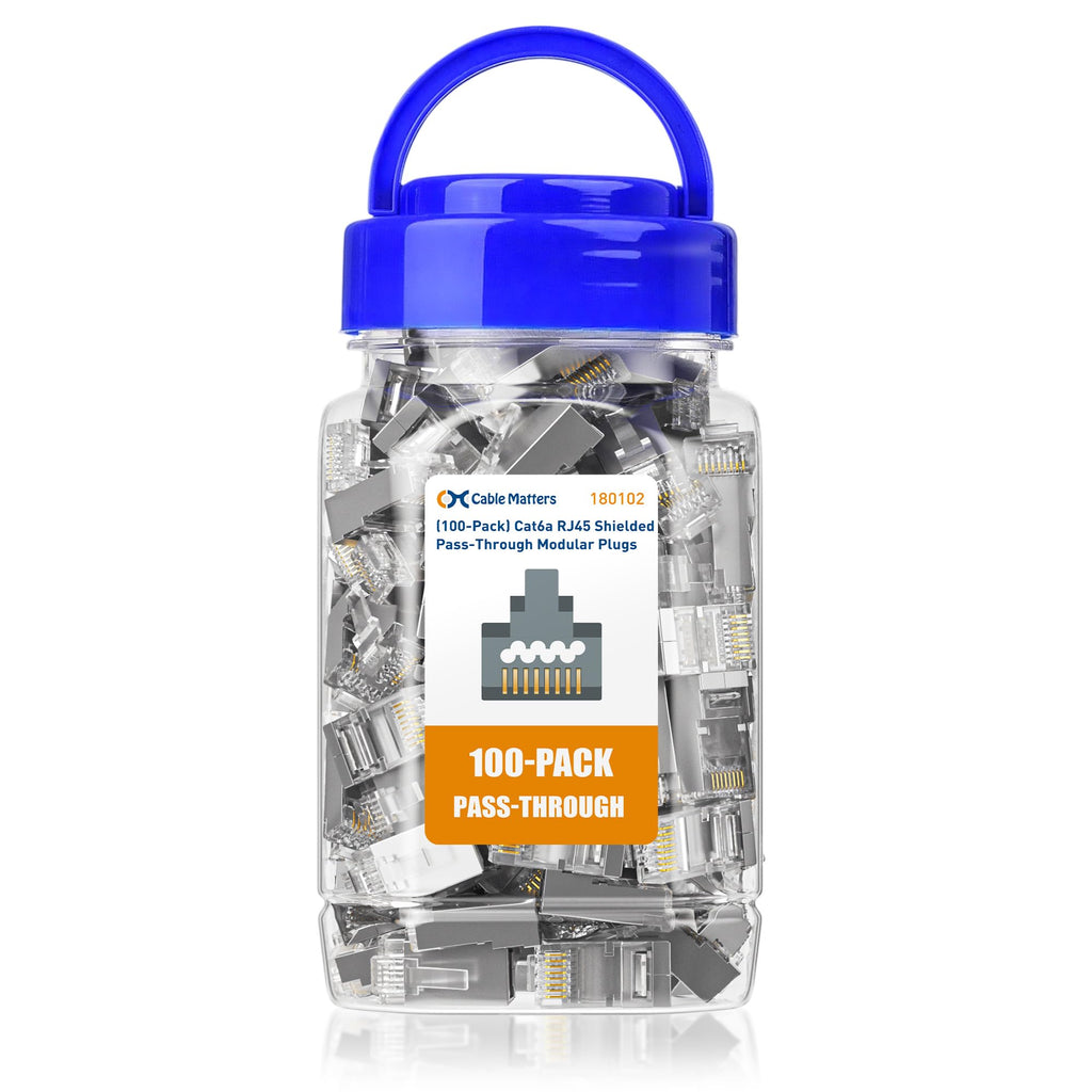 Cable Matters 100-Pack Cat 6A Shielded Pass Through RJ45 Connectors (Cat 6A Ends / Cat6A Connector / RJ45 Modular Plugs/Ethernet Plugs/Network Connector) for Solid or Stranded S/FTP Ethernet Cable