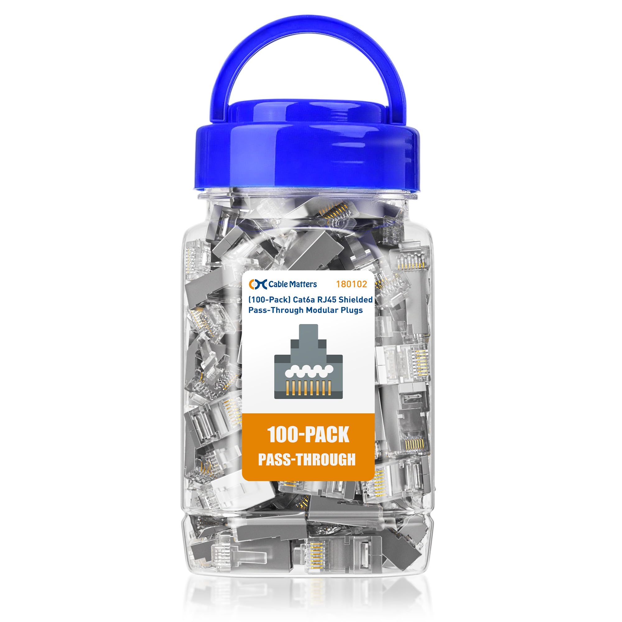 Cable Matters 100-Pack Cat 6A Shielded Pass Through RJ45 Connectors (Cat 6A Ends / Cat6A Connector / RJ45 Modular Plugs/Ethernet Plugs/Network Connector) for Solid or Stranded S/FTP Ethernet Cable