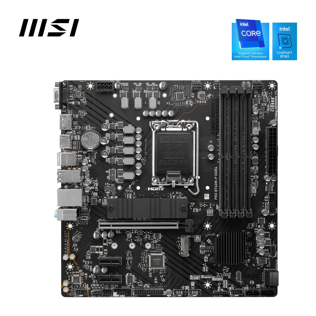 MSI PRO B760M-P DDR4 Motherboard, Micro-ATX - Supports Intel 14th, 13th & 12th Gen Core Processors, LGA 1700 - DDR4 Memory Boost 4800+MHz/OC, PCIe 4.0 x16 Slot, M.2 Gen4 Slots