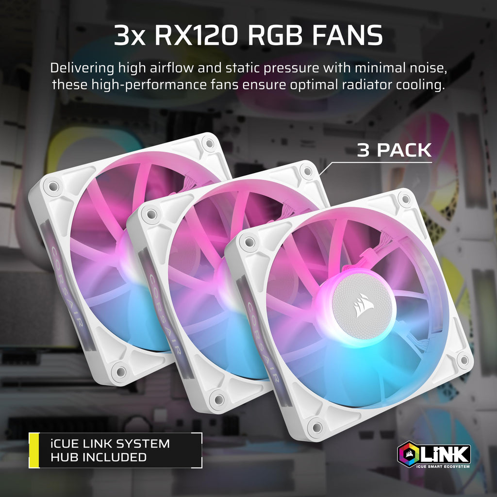 Corsair iCUE LINK XH505i RX 360 RGB Custom Cooling Kit – XC7 ELITE CPU Water Block, XD6 ELITE Pump Reservoir, 3x RX120 RGB Fans, XR5 360mm Radiator, iCUE LINK System Hub – White