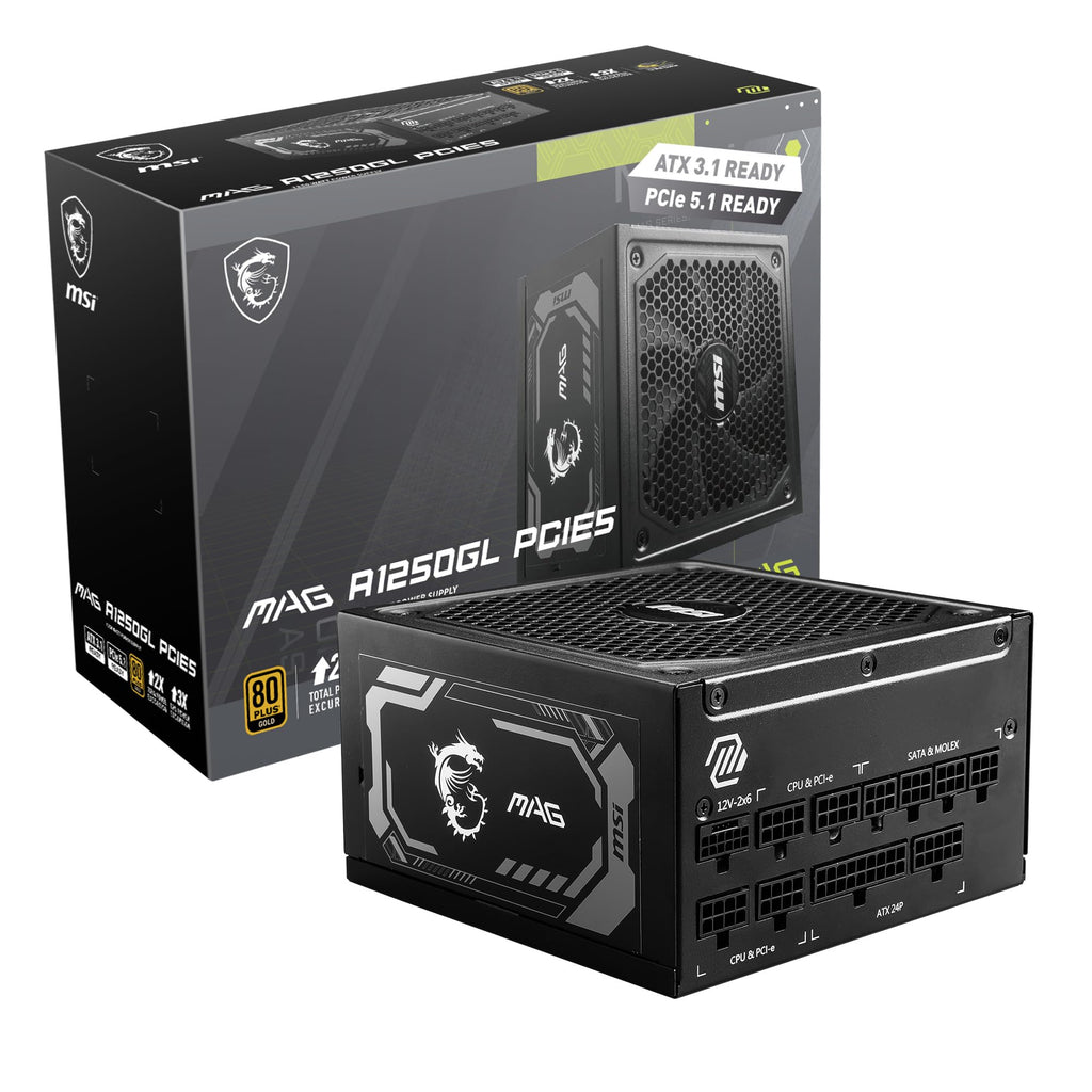 MSI MAG 1250GL PCIE 5 Gaming Power Supply - ATX 3.1 & PCIE 5.1 Ready - Full Modular - 80 Plus Gold Certified 1250W - Compact Size - ATX PSU - 10 Year Warranty