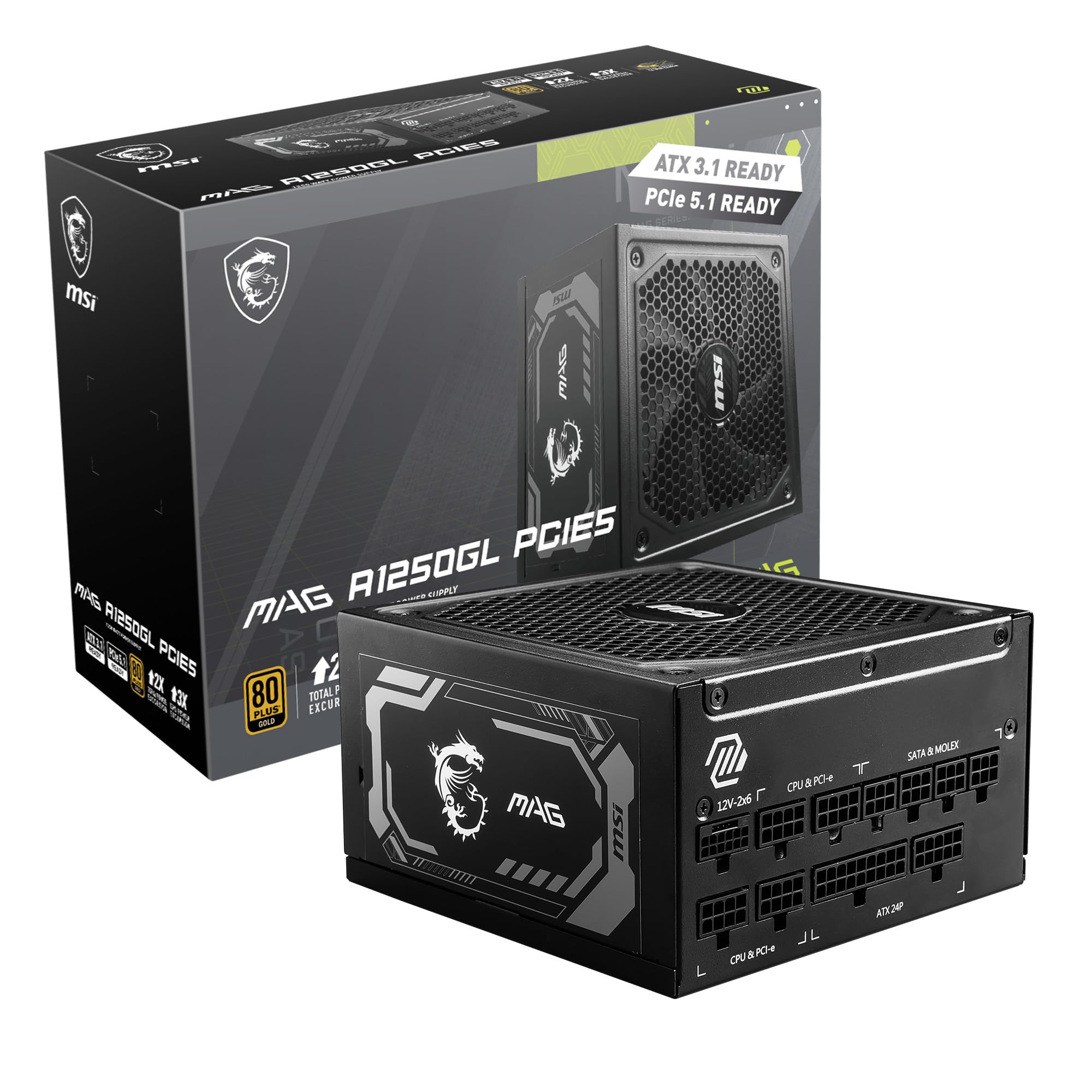MSI MAG 1250GL PCIE 5 Gaming Power Supply - ATX 3.1 & PCIE 5.1 Ready - Full Modular - 80 Plus Gold Certified 1250W - Compact Size - ATX PSU - 10 Year Warranty
