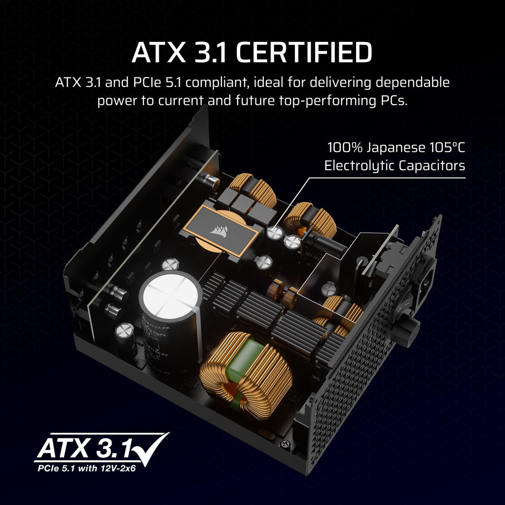 Corsair RM1000x ATX 3.1 PCIe 5.1 Ready Fully Modular 1000W Power Supply – Low-Noise, Cybenetics Gold Efficiency, Native 12V-2x6 Connector – Black