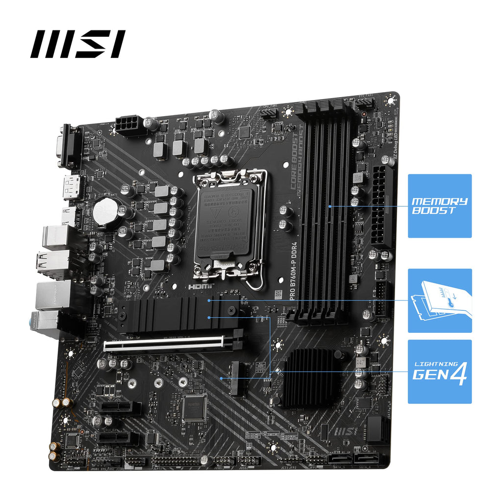 MSI PRO B760M-P DDR4 Motherboard, Micro-ATX - Supports Intel 14th, 13th & 12th Gen Core Processors, LGA 1700 - DDR4 Memory Boost 4800+MHz/OC, PCIe 4.0 x16 Slot, M.2 Gen4 Slots