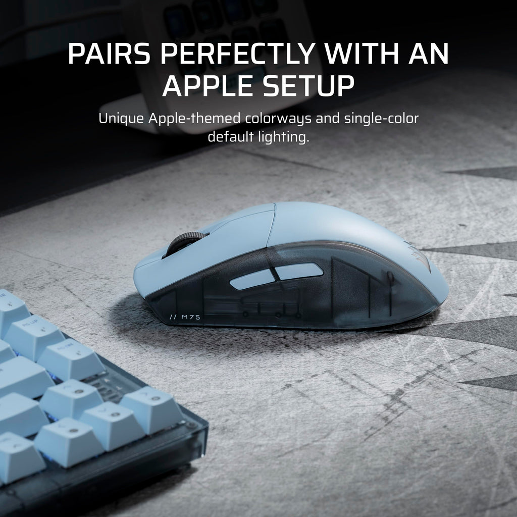 Corsair M75 Wireless RGB Lightweight Gaming Mouse for Mac � 26,000 DPI, Swappable Side Buttons, Optical Switches, iCUE Compatible � Glacial Blue