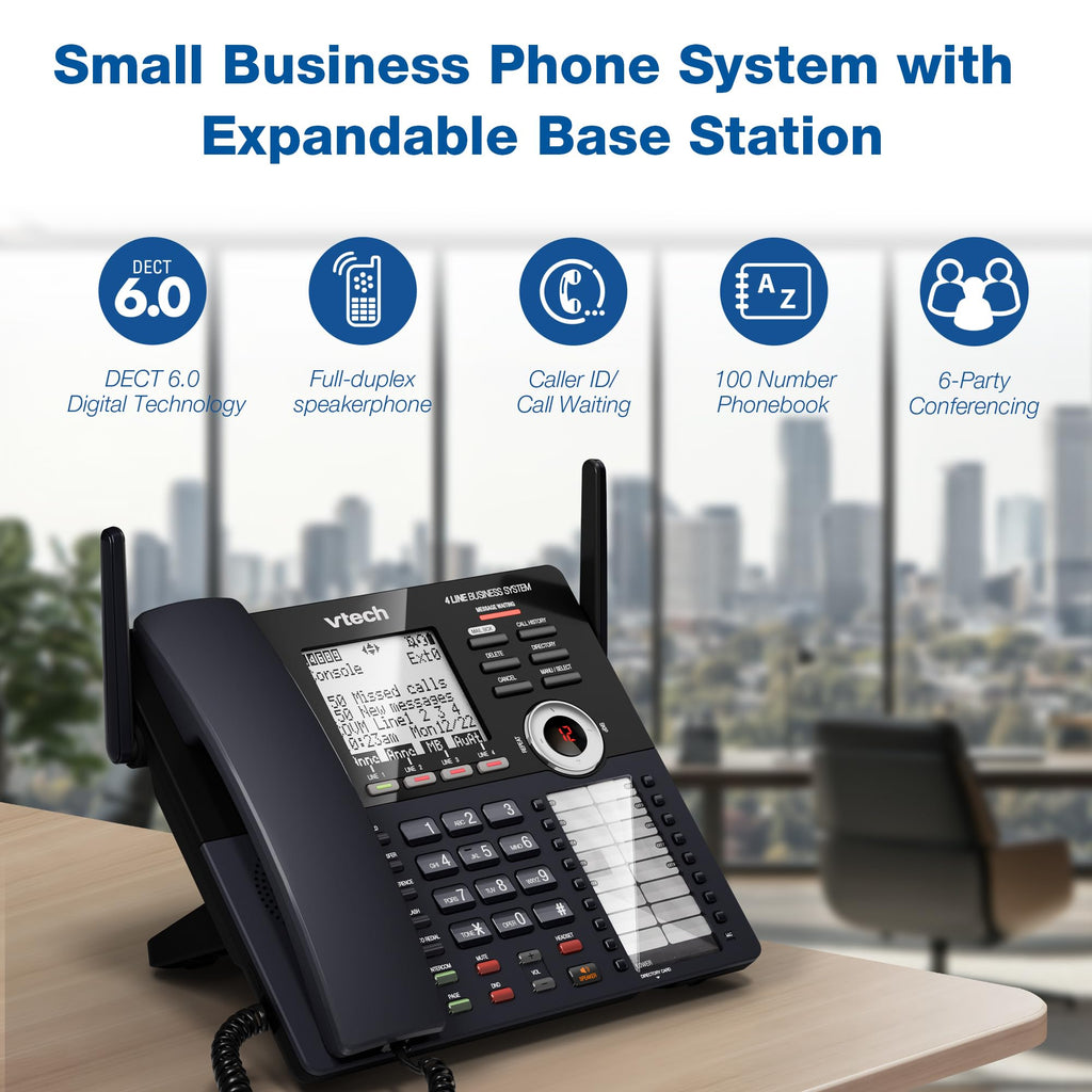 VTech AM18447 Main Console 4-Line Small Business Phone System - Expandable to 10 Stations, Digital Answering Machine, Auto Attendant, Intercom & Custom Music on Hold, Black