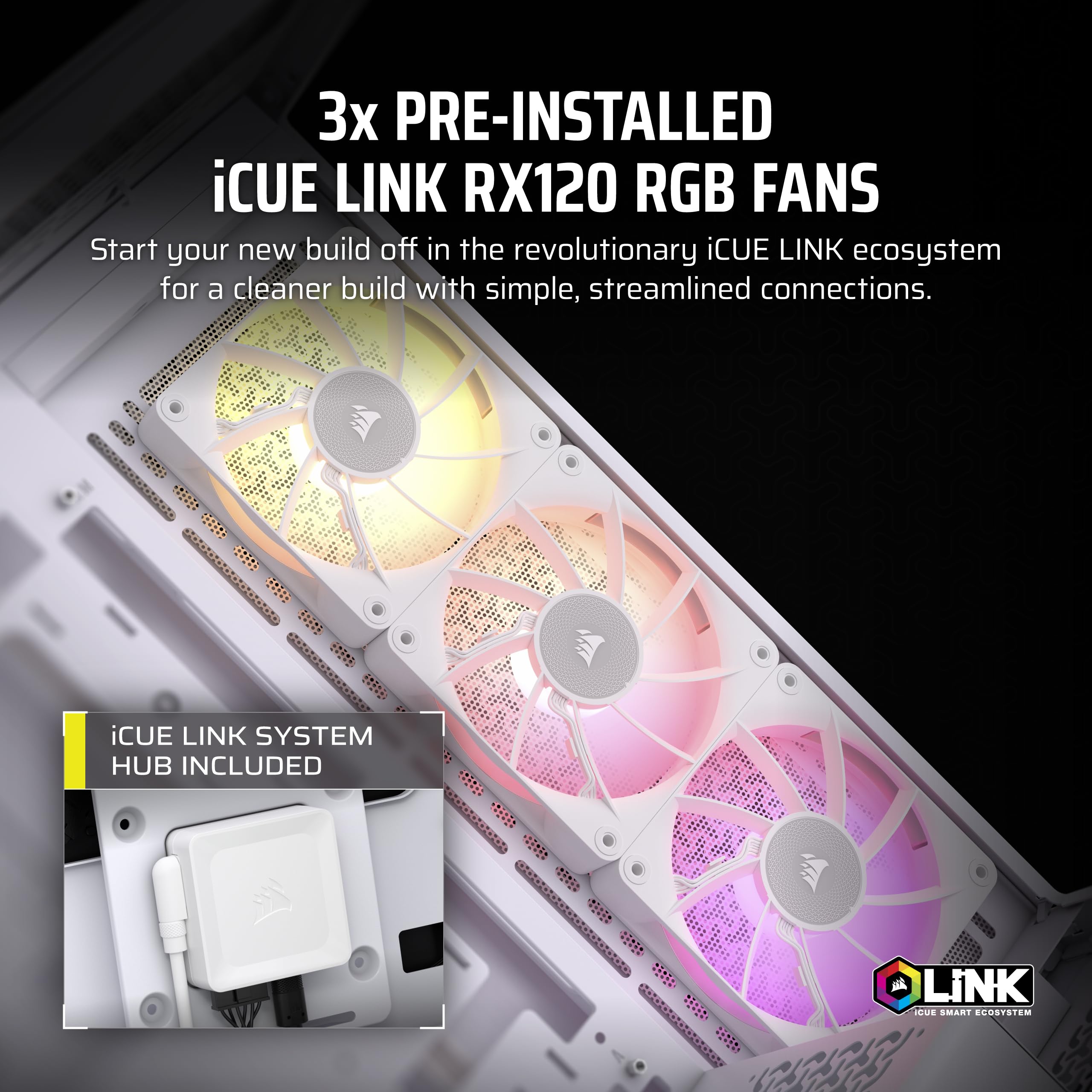 CORSAIR iCUE LINK 3500X RGB Mid-Tower ATX PC Case – Panoramic Tempered Glass – Reverse Connection Motherboard Compatible – 3x CORSAIR iCUE LINK RX120 RGB Fans Included – White