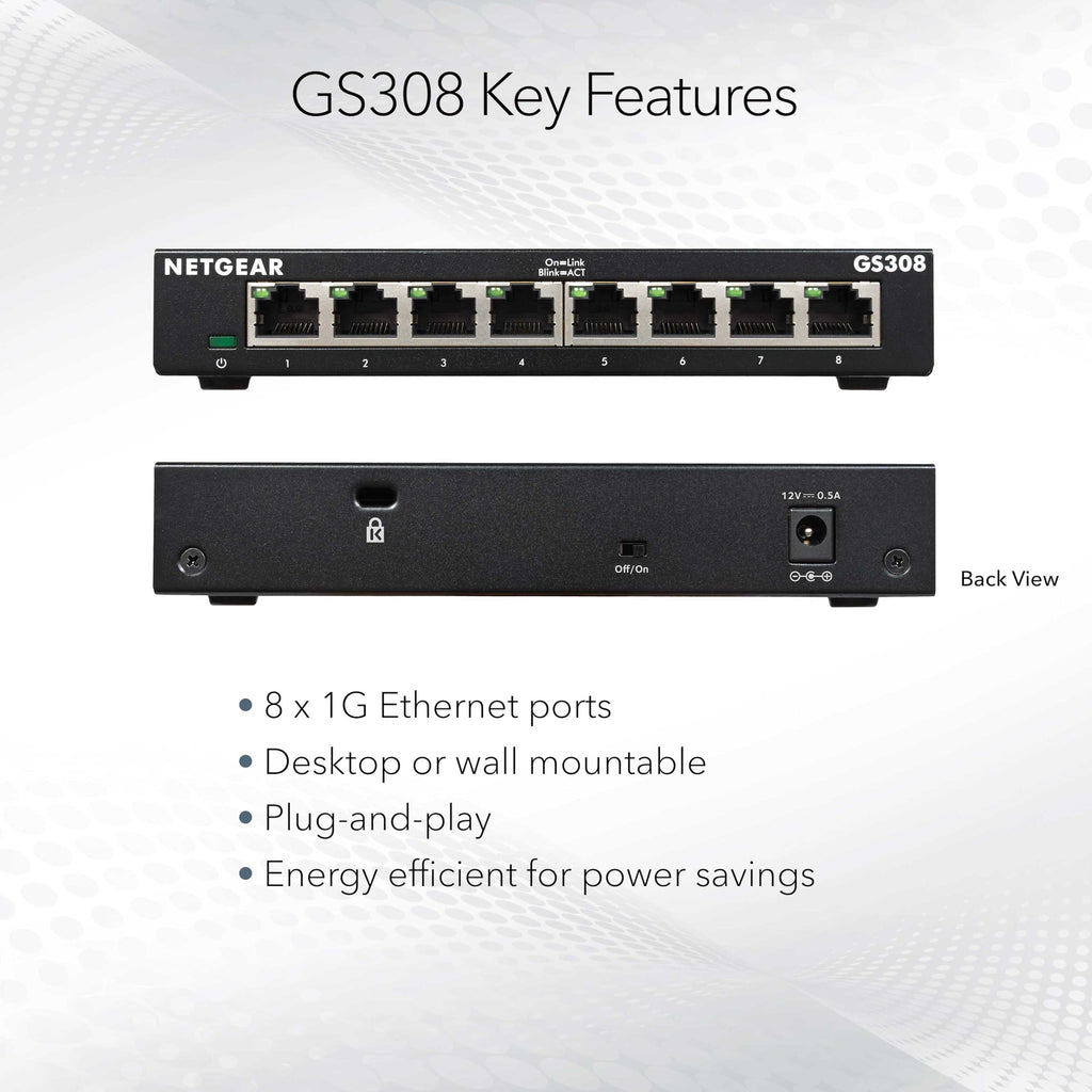 NETGEAR 8-Port Gigabit Ethernet Unmanaged Switch (GS308) - Home Network Hub, Office Ethernet Splitter, Plug-and-Play, Fanless Metal Housing, Desktop or Wall Mount